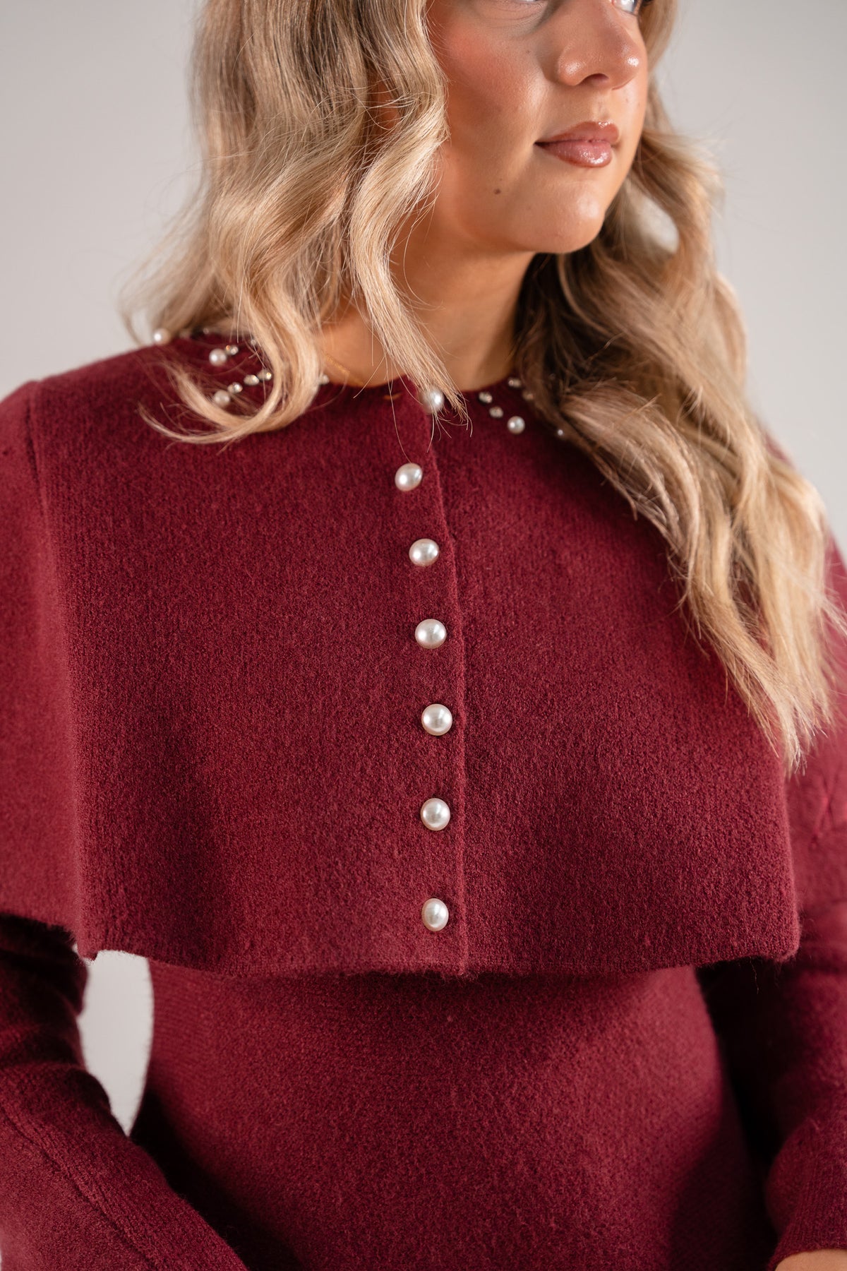 Love Laura Knit Cape With Pearls In Burgundy