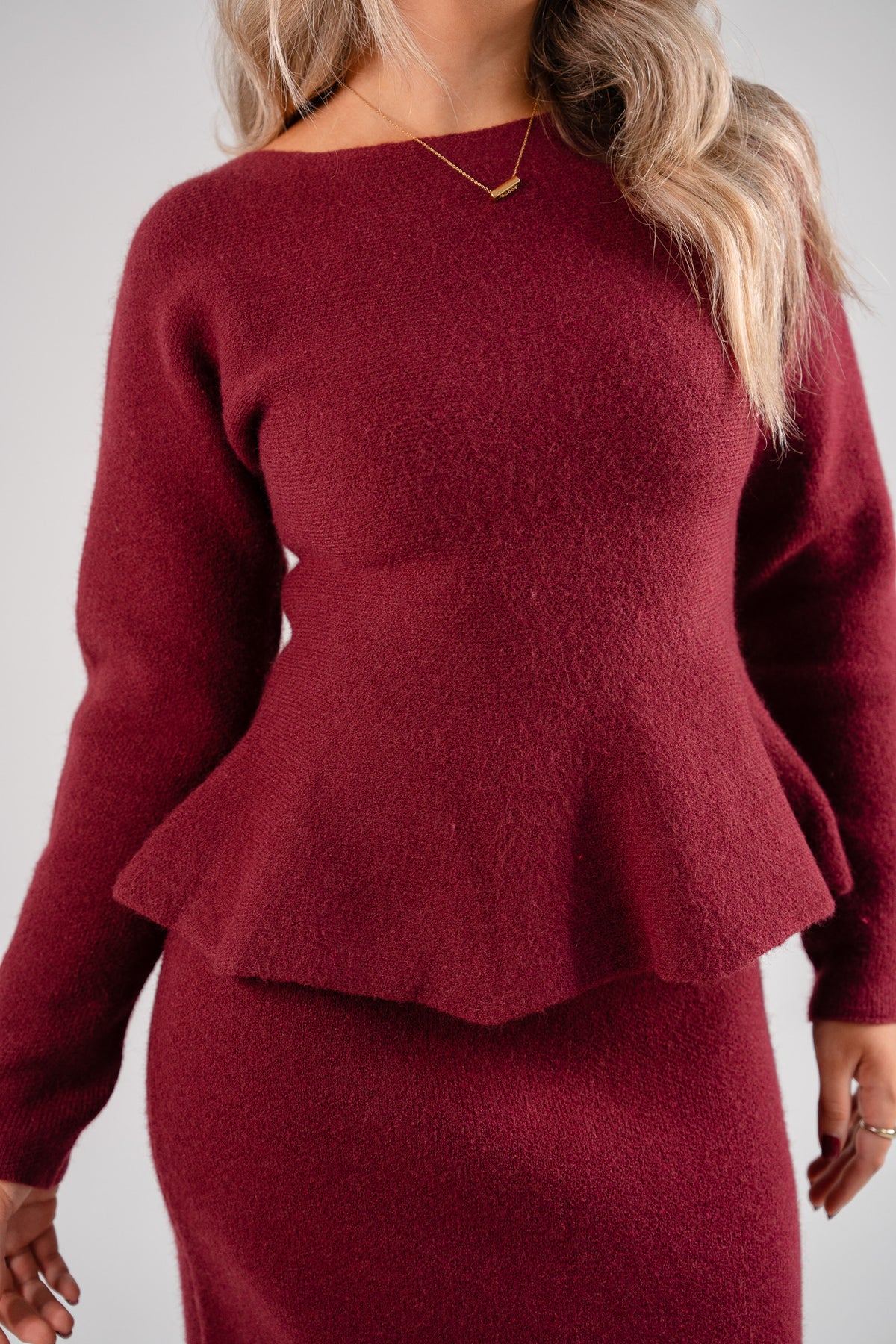 Love Laura Knit Peplum Top In Burgundy