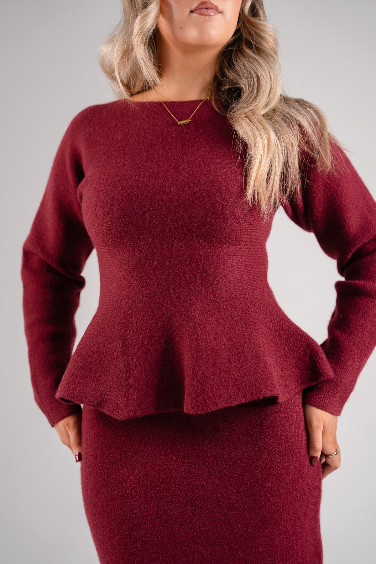 Love Laura Knit Peplum Top In Burgundy