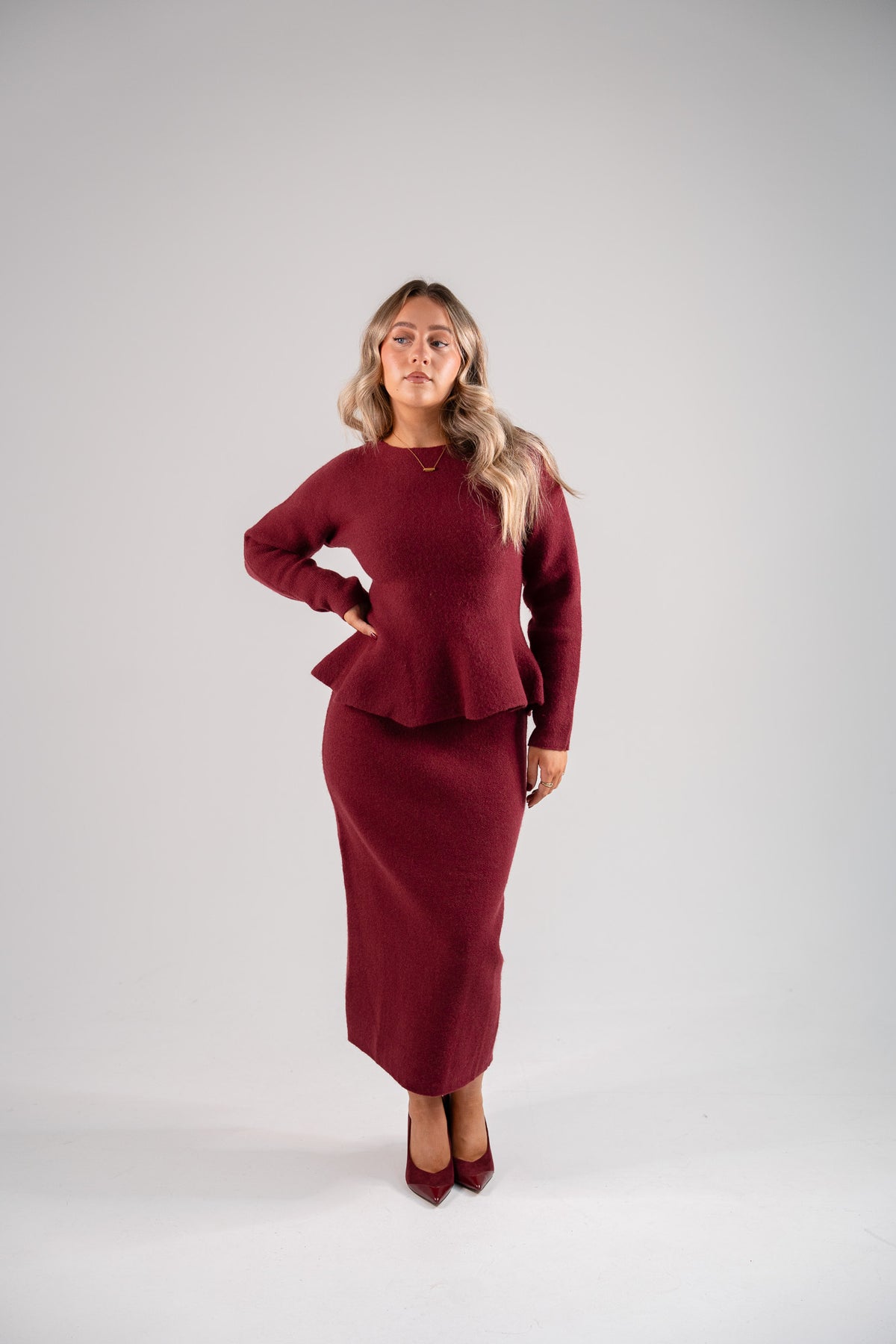 Love Laura Knit Midi Skirt In Burgundy