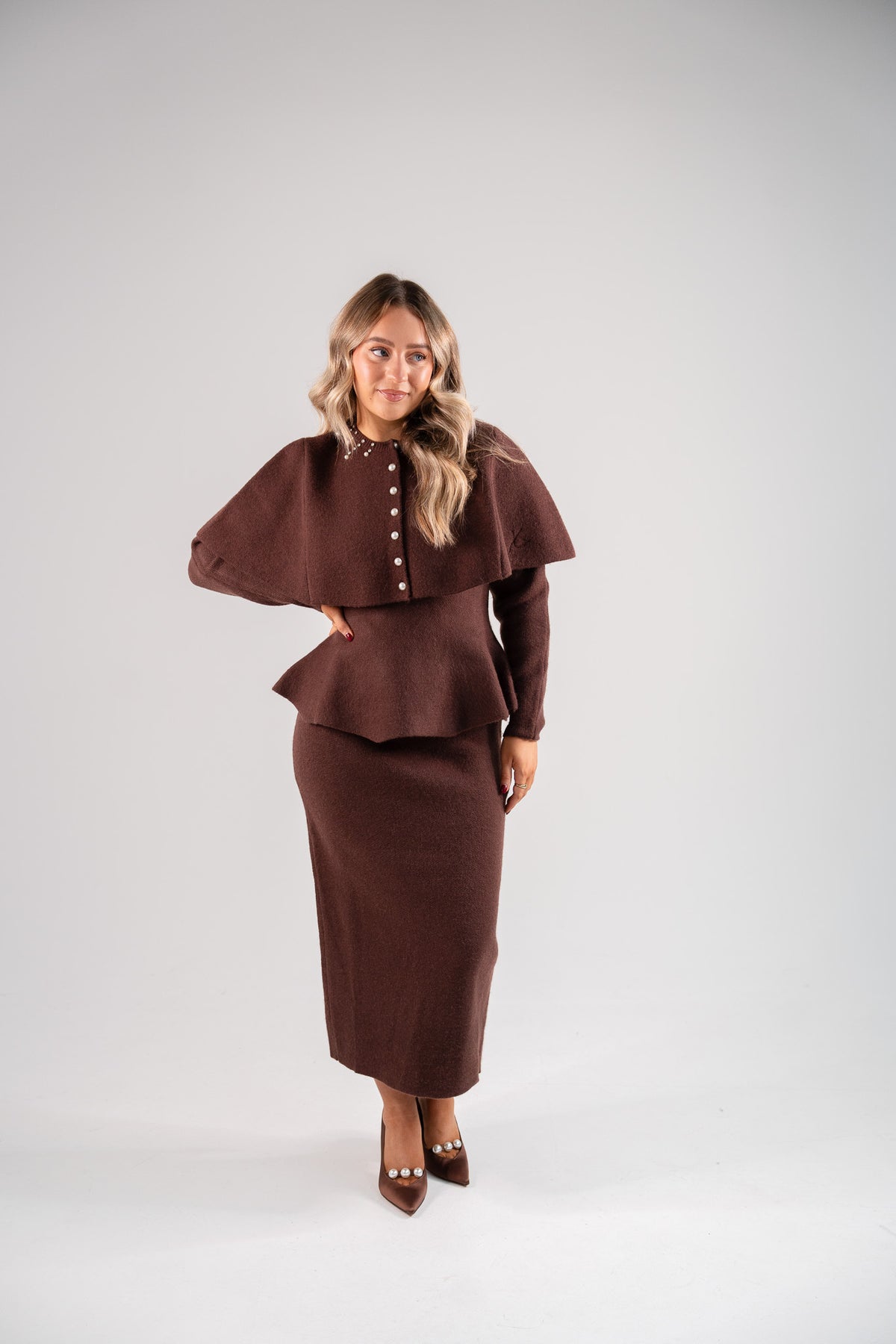 Love Laura Knit Peplum Top In Chocolate