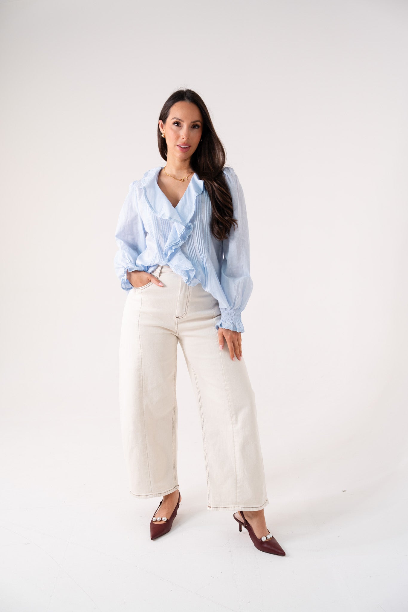 Holly Pleat & Ruffle Blouse In Blue