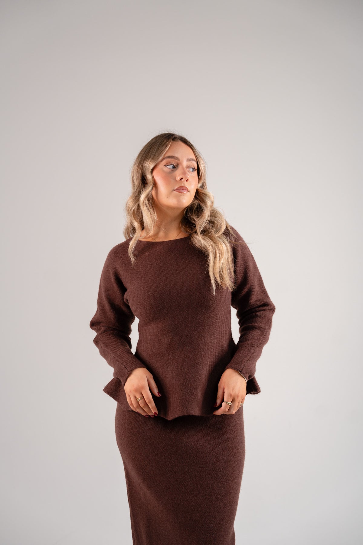 Love Laura Knit Peplum Top In Chocolate