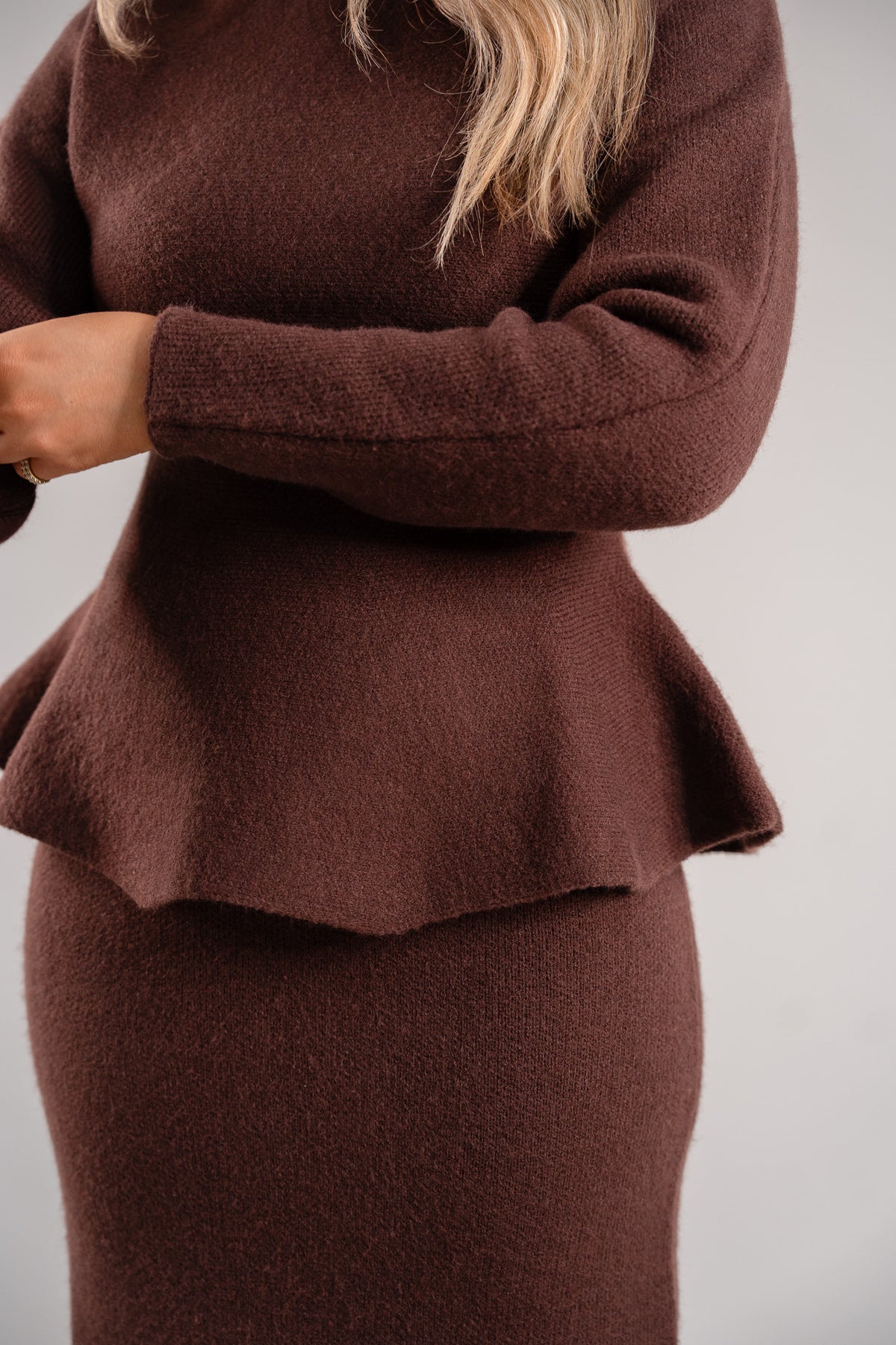 Love Laura Knit Peplum Top In Chocolate