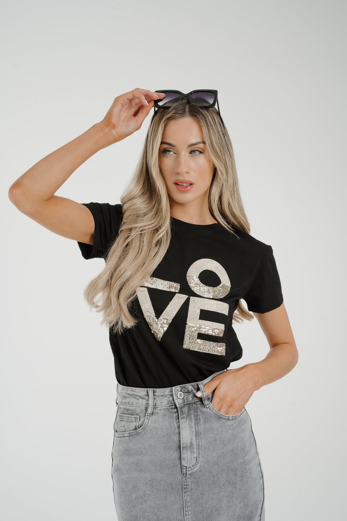 Millie Embellished Love Slogan T-Shirt In Black