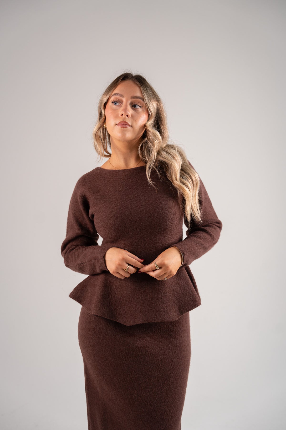 Love Laura Knit Peplum Top In Chocolate
