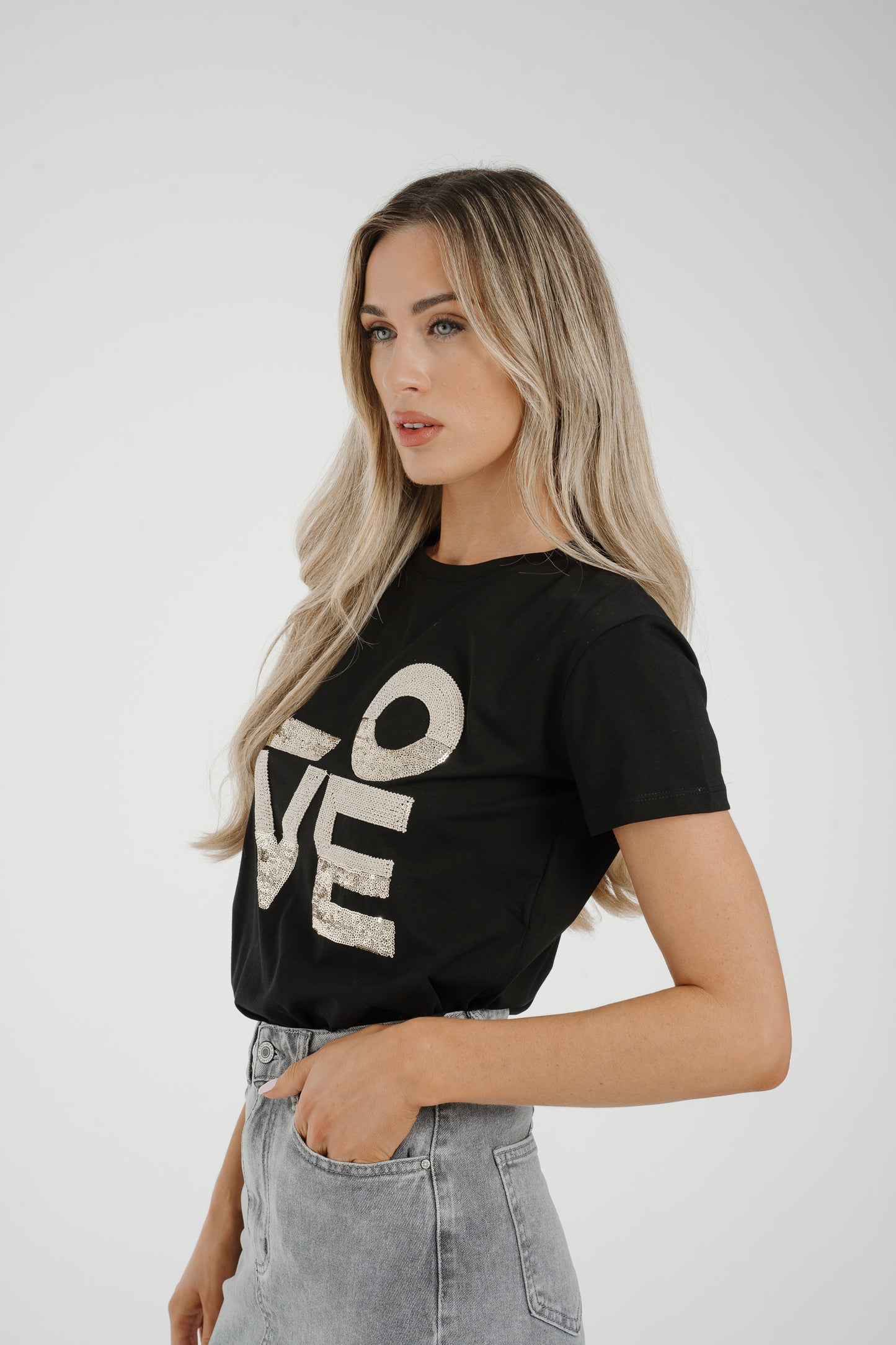 Millie Embellished Love Slogan T-Shirt In Black