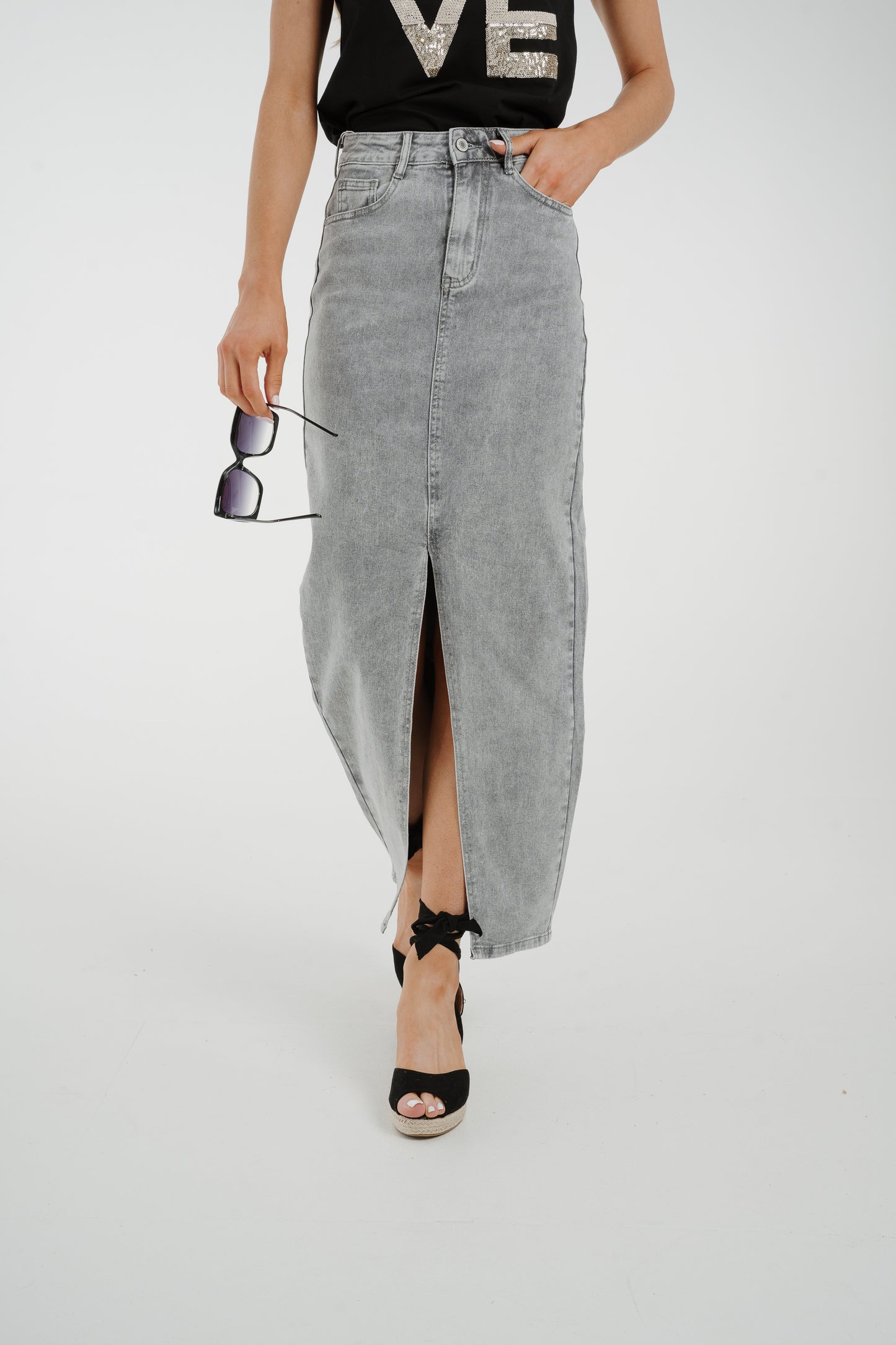 Lynne Denim Maxi Skirt In Grey