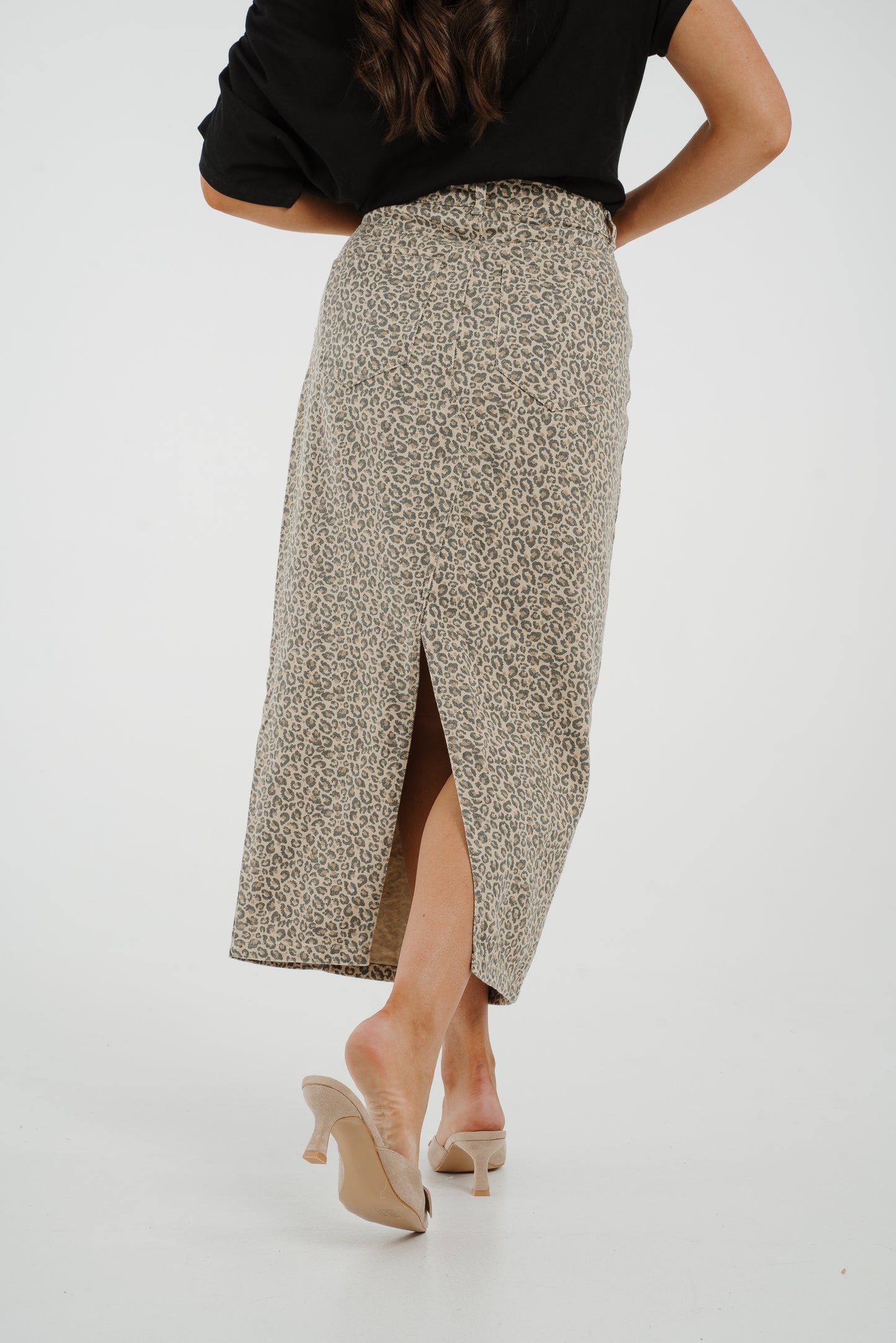 Cora Denim Maxi Skirt In Leopard Print