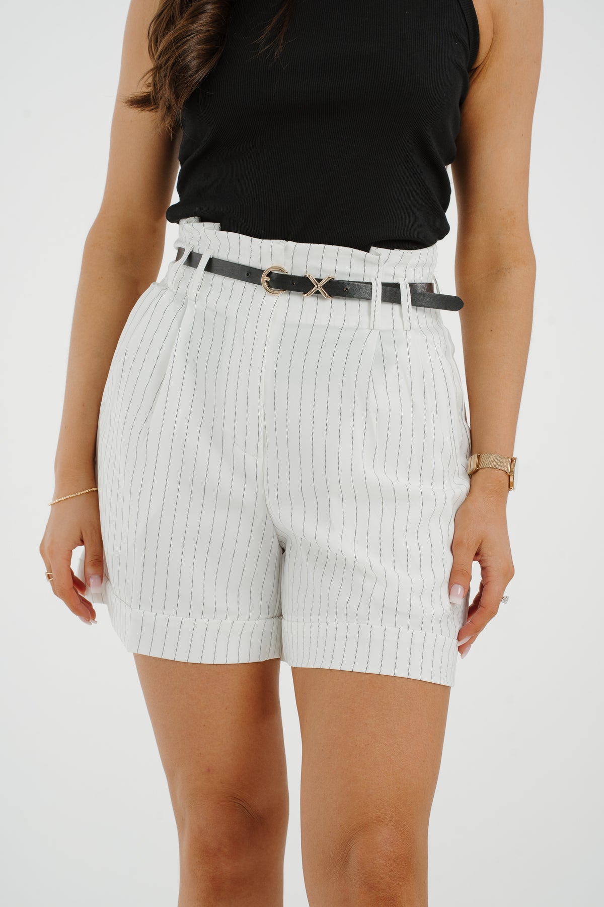 Maria Belted Pinstripe Shorts In White