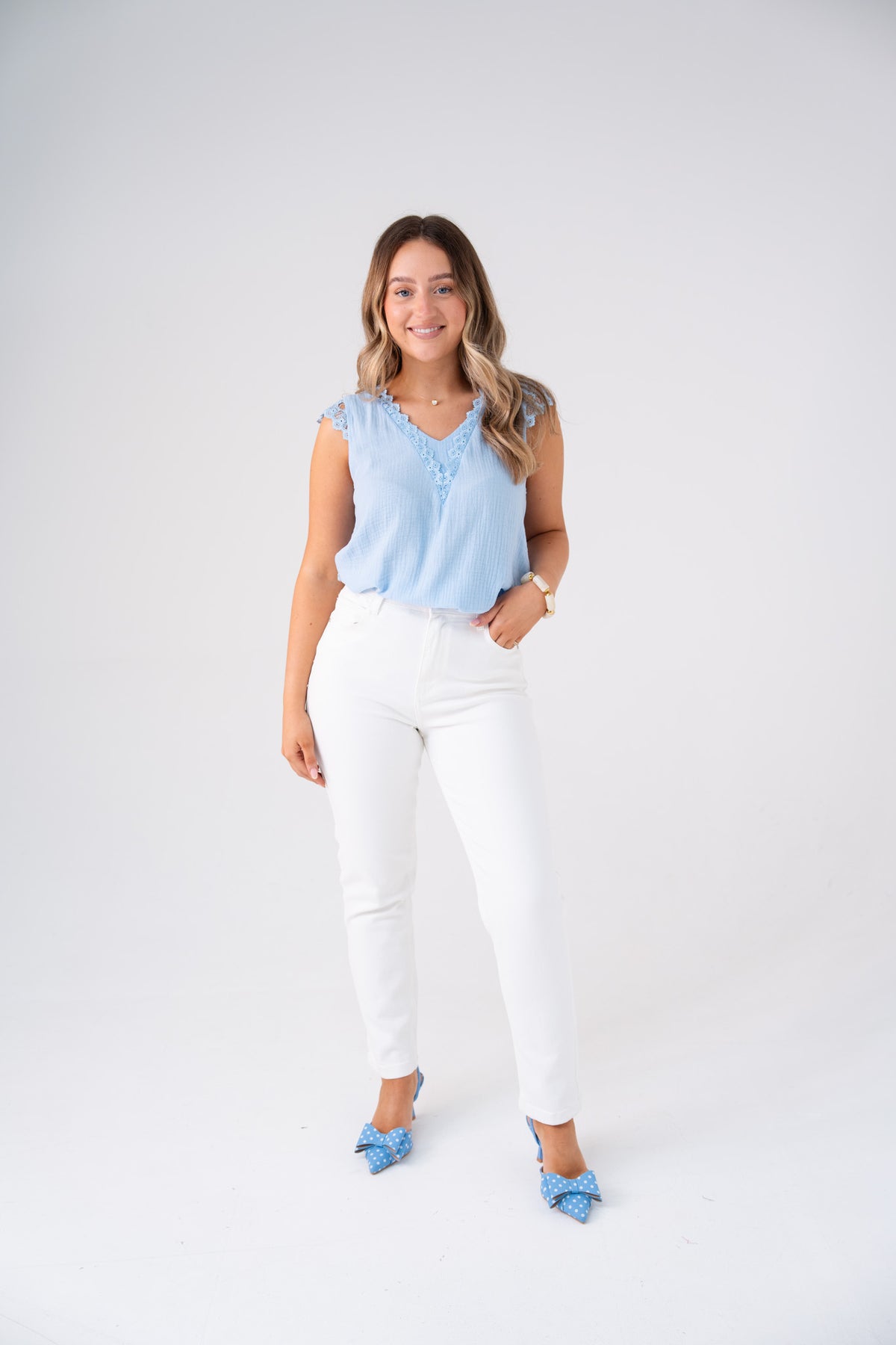 Kendra Lace Trim Sleeveless Top In Blue