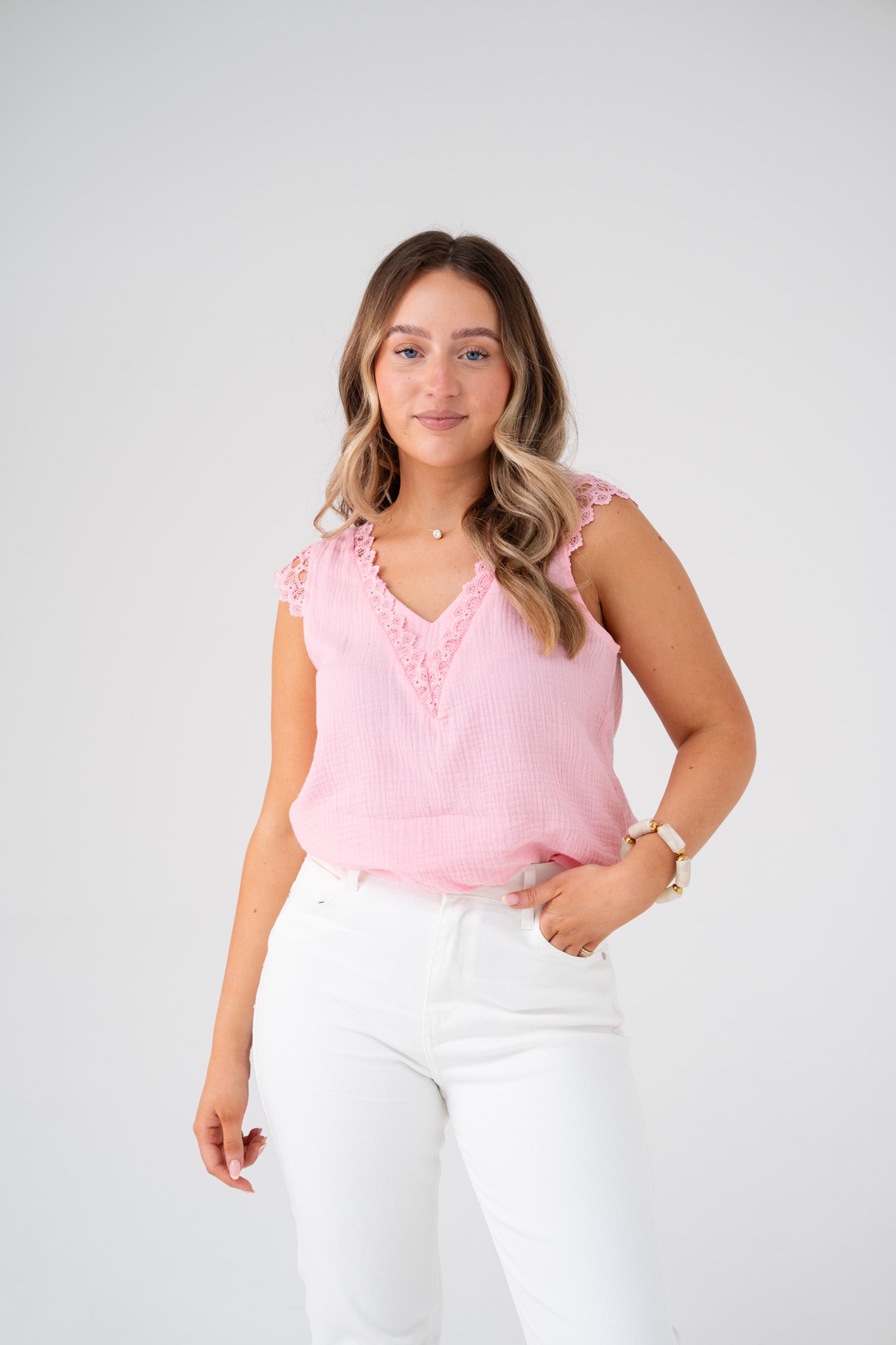 Kendra Lace Trim Sleeveless Top In Pink