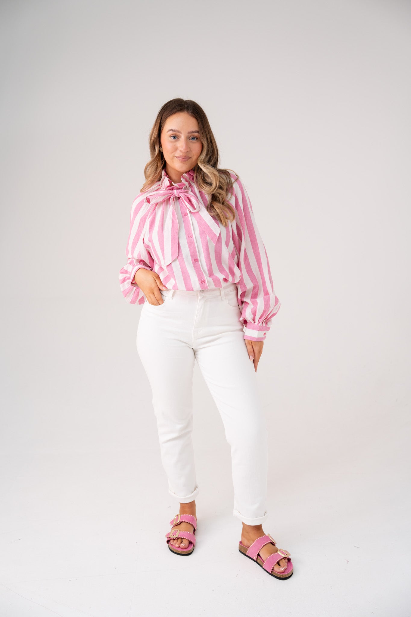 Millie Striped Bow Collar Shirt In Pink