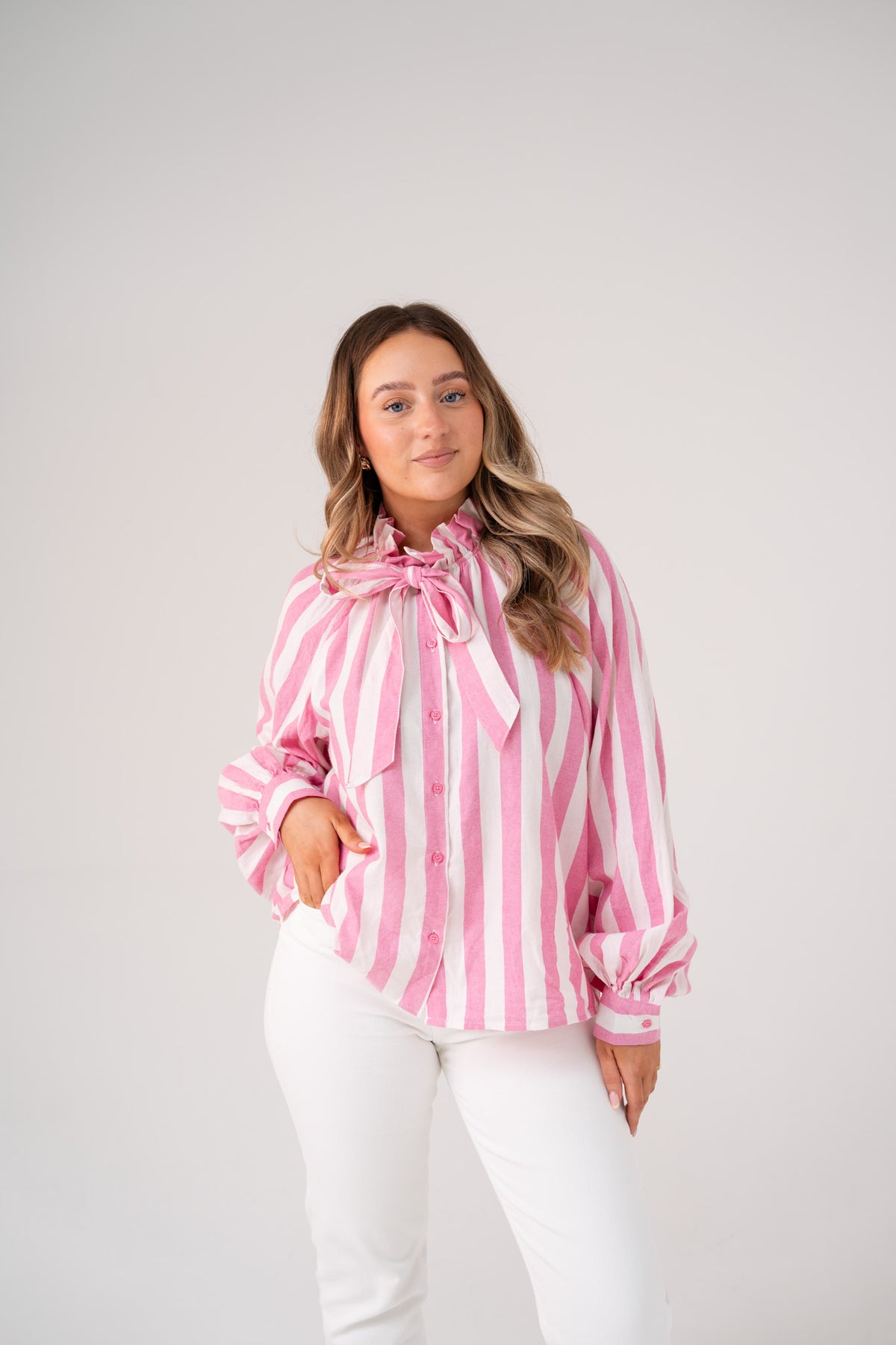 Millie Striped Bow Collar Shirt In Pink