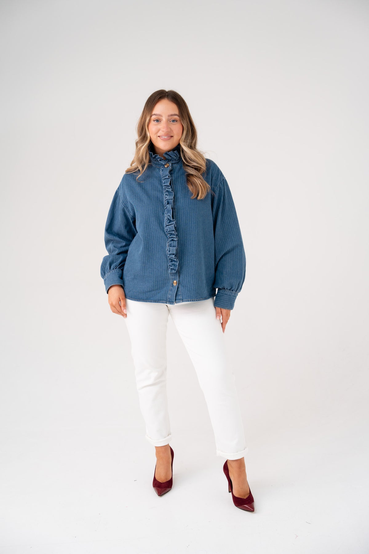 Millie Frill Detail Pinstripe Shirt In Denim