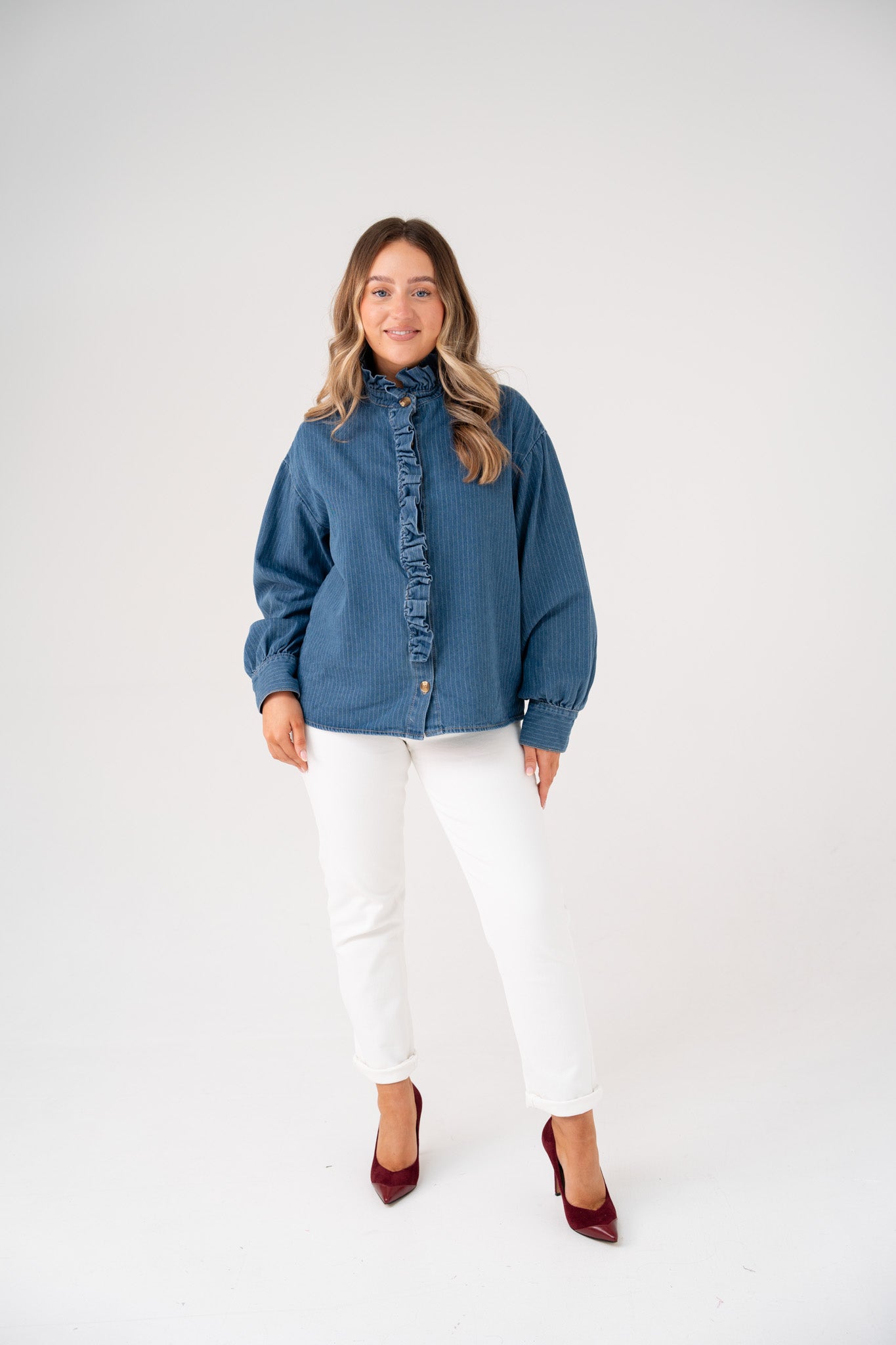 Millie Frill Detail Pinstripe Shirt In Denim