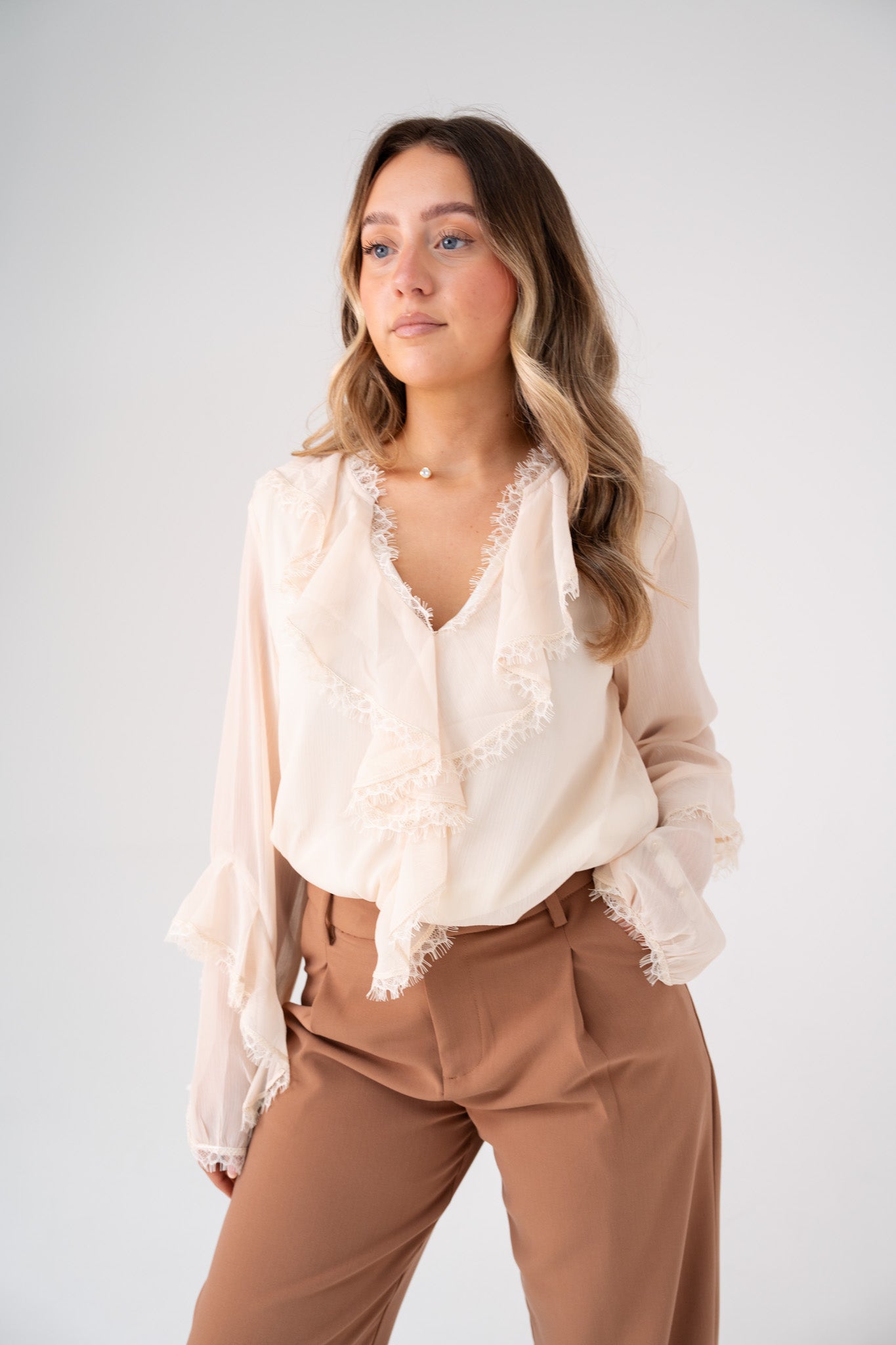 Love Laura Ruffle Blouse In Beige