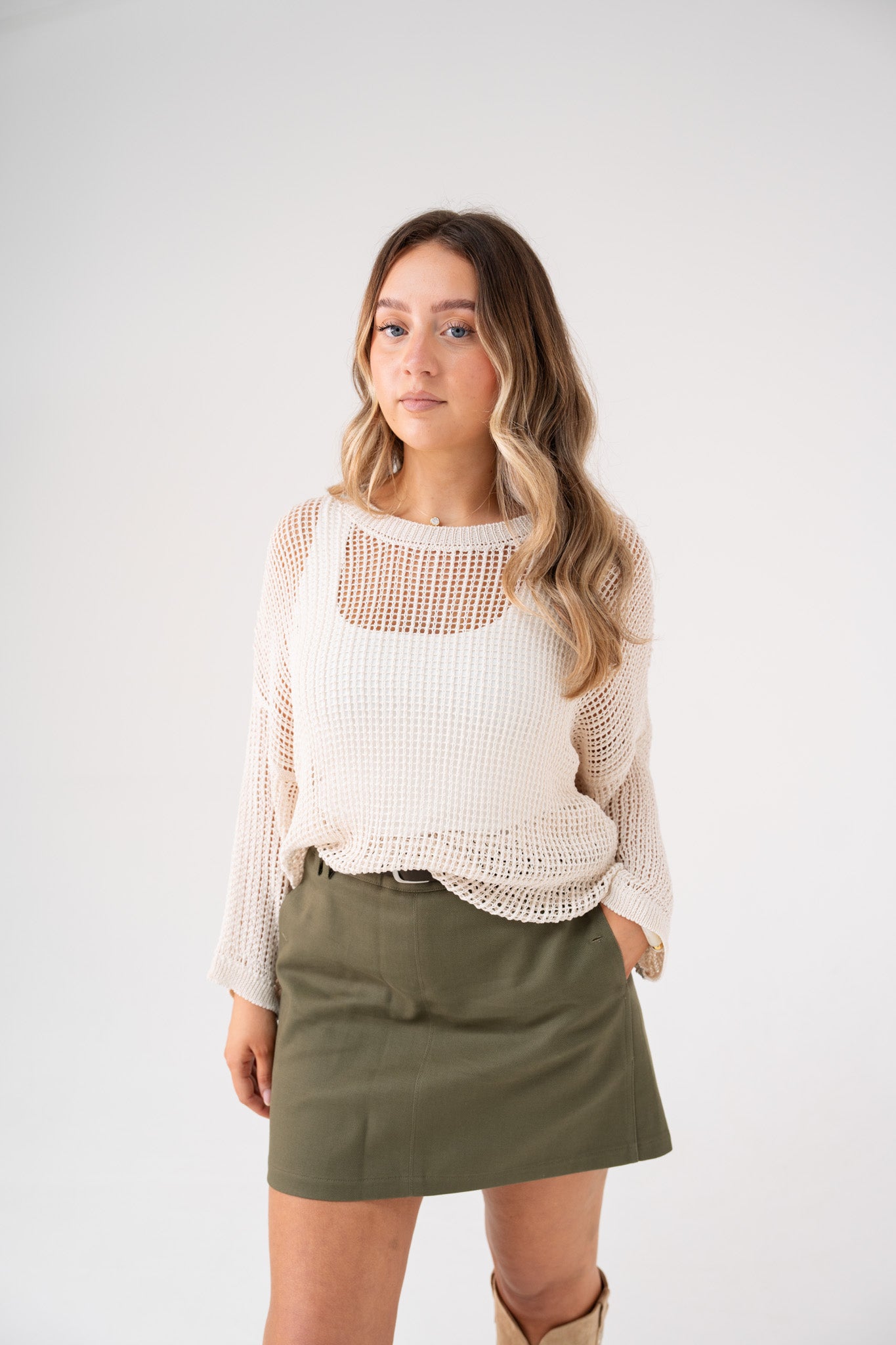 Leah Open Knit Jumper In Beige
