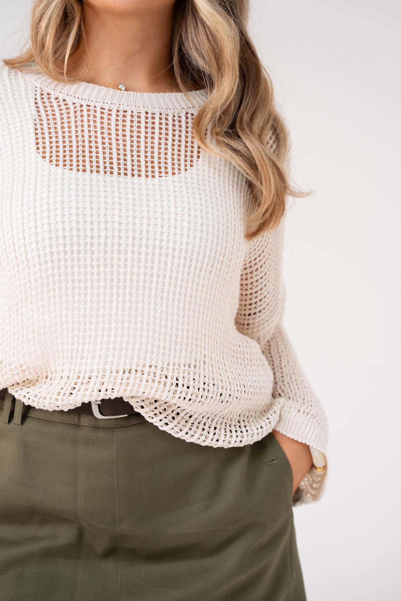 Leah Open Knit Jumper In Beige