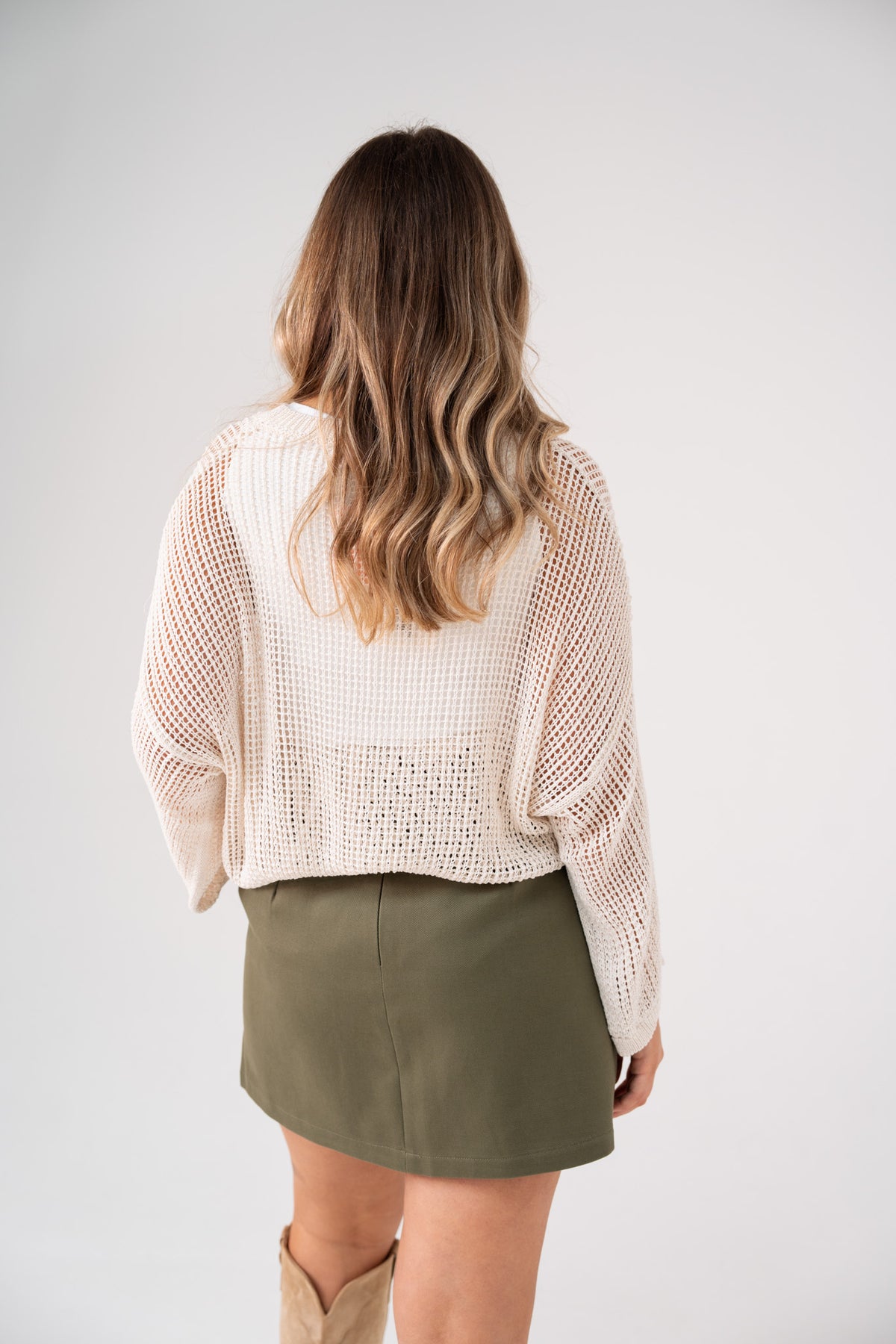 Leah Open Knit Jumper In Beige