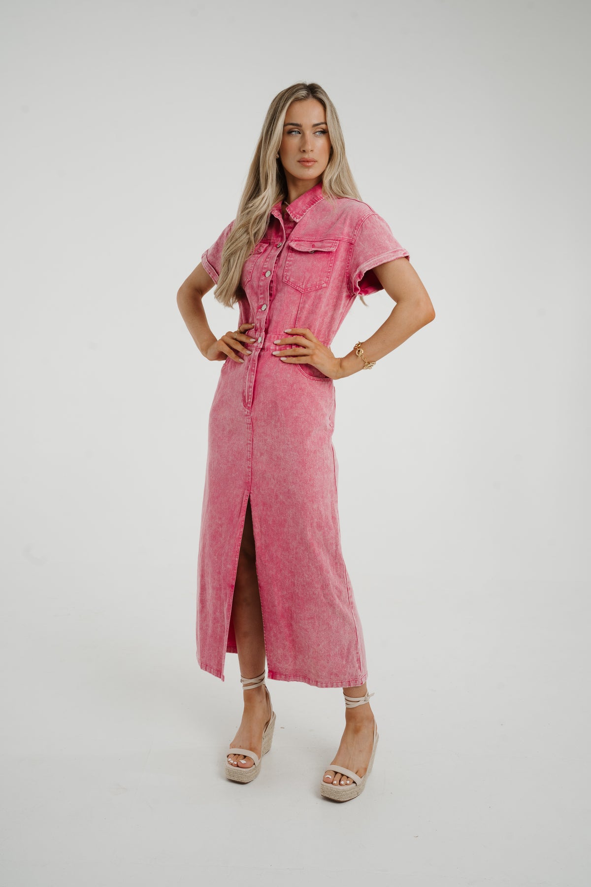 Holly Short Sleeve Denim Shirt Dress In Pink