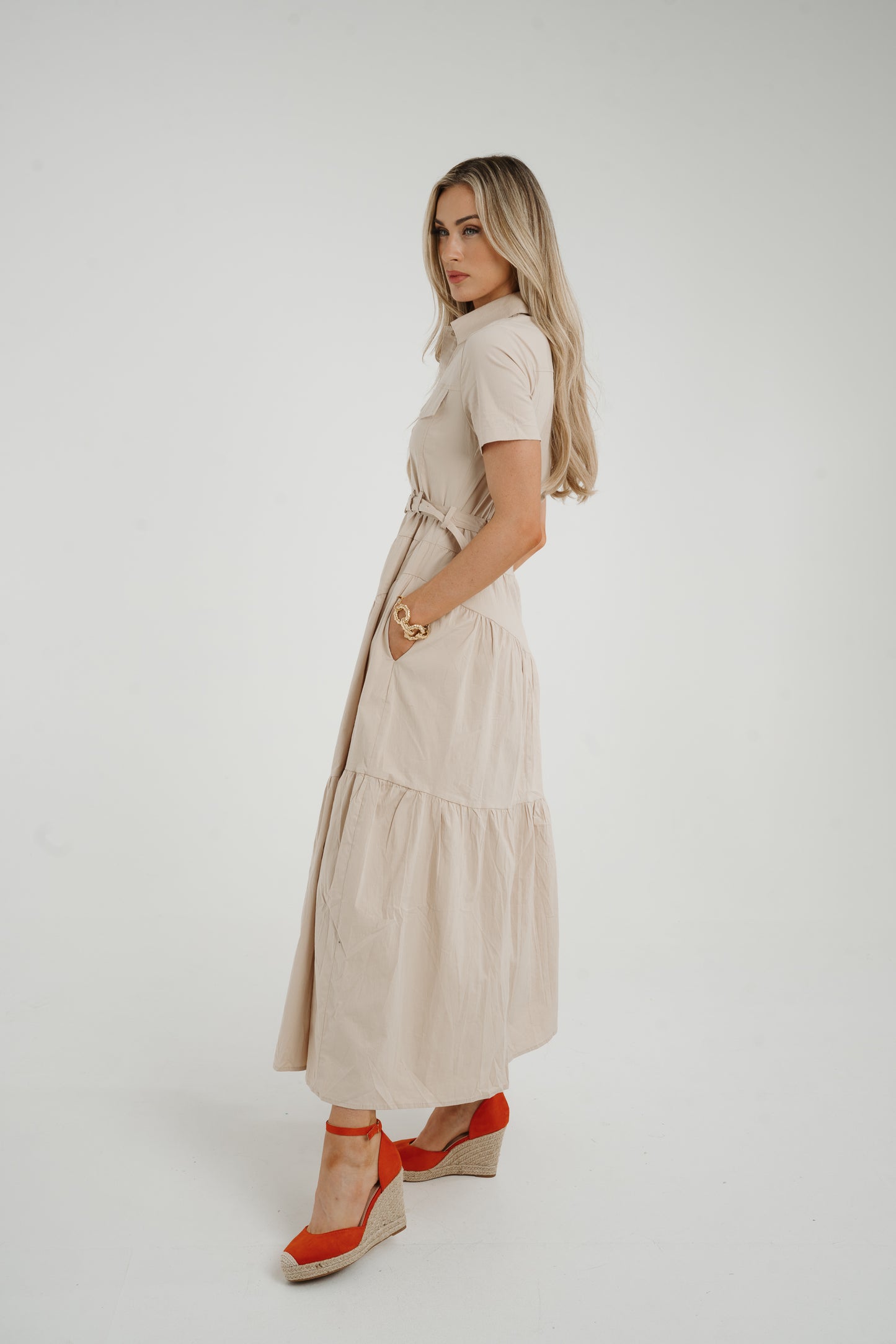 Holly Tiered Shirt Dress In Beige