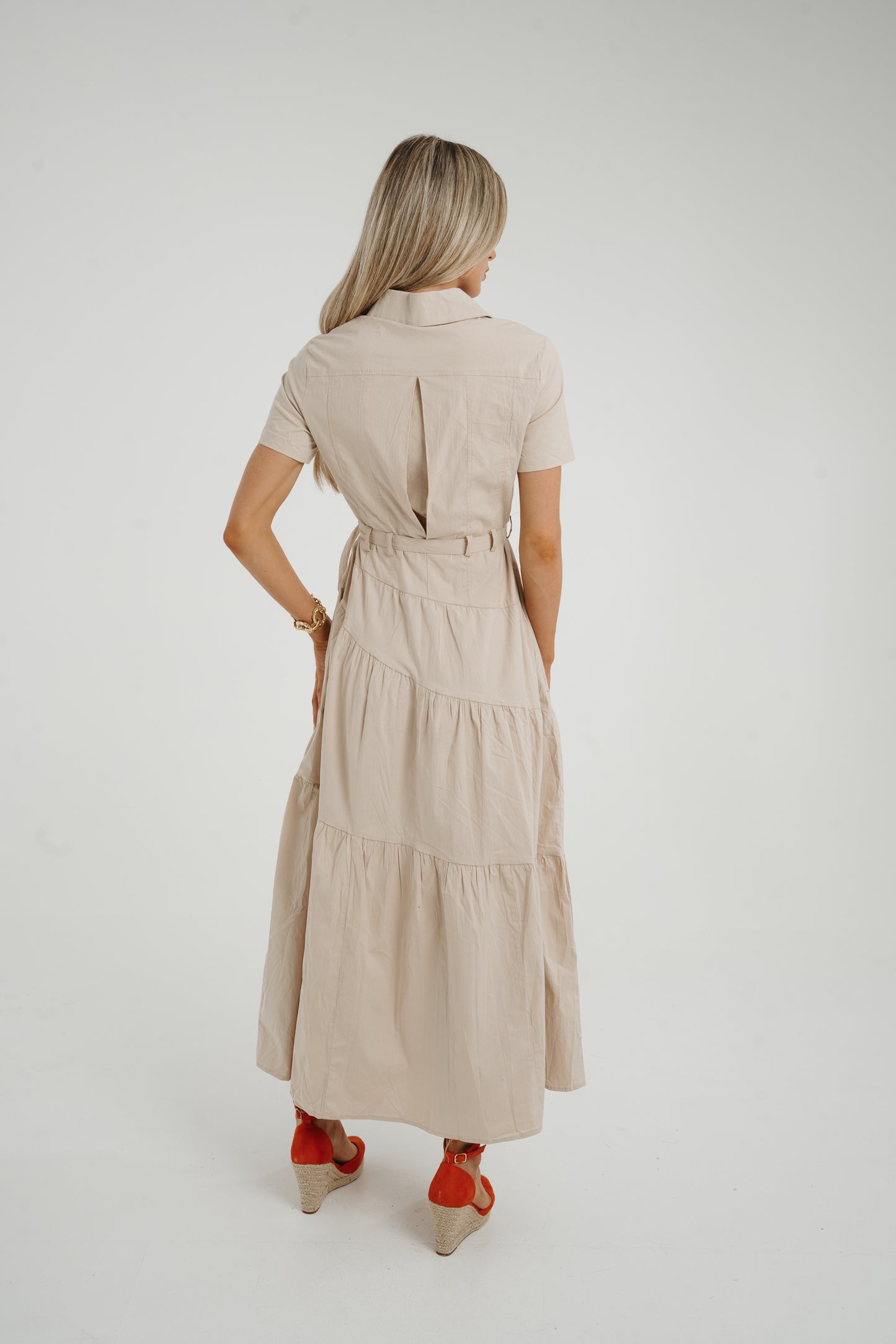 Holly Tiered Shirt Dress In Beige