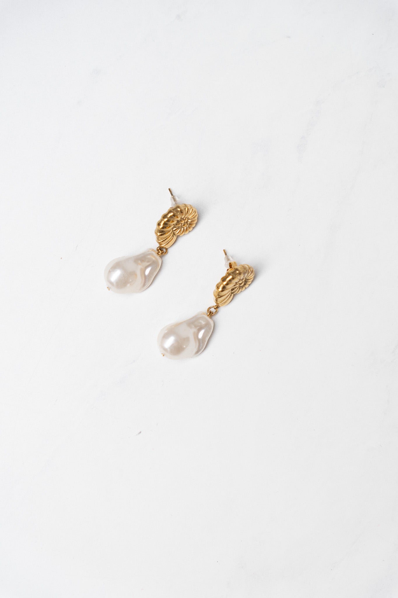 Olive Shell Pearl Drop Earrings In Gold