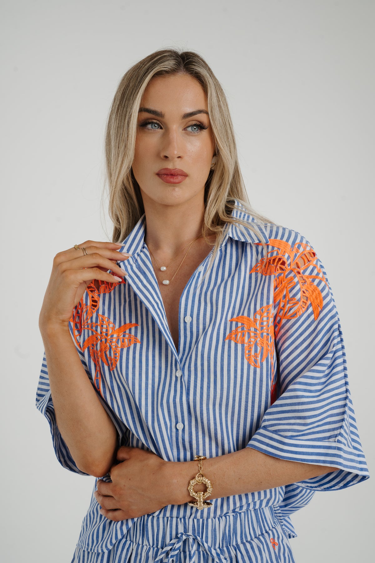 Millie Embroidered Palm Shirt In Blue Stripe