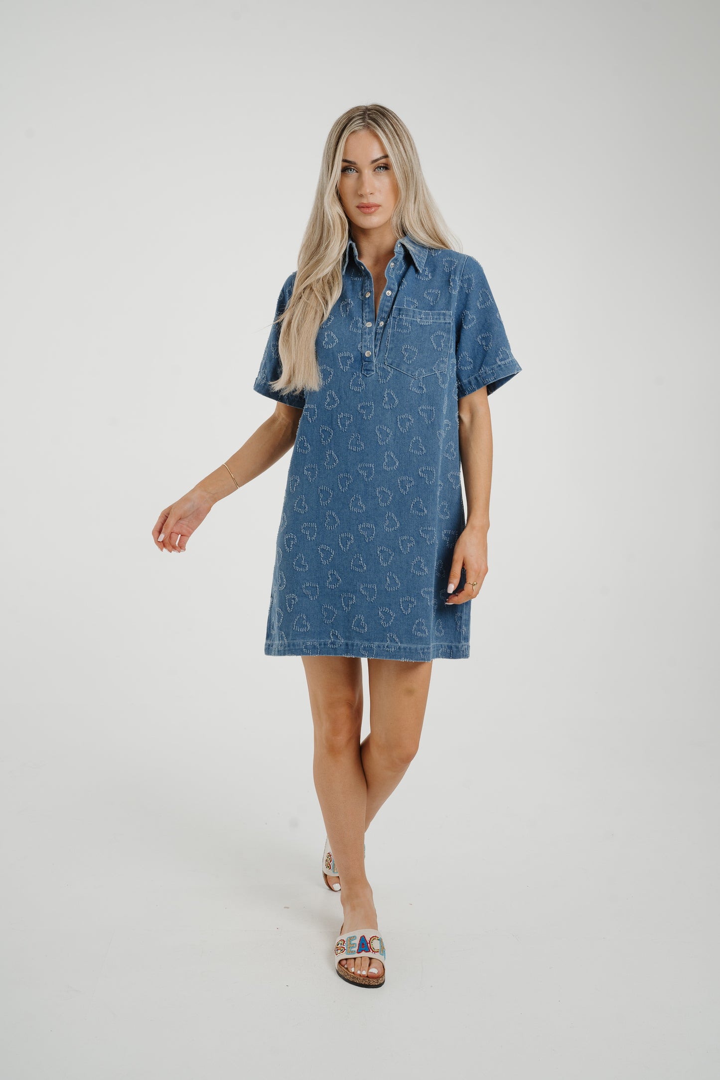Ally Heart Embroidered Shirt Dress In Denim