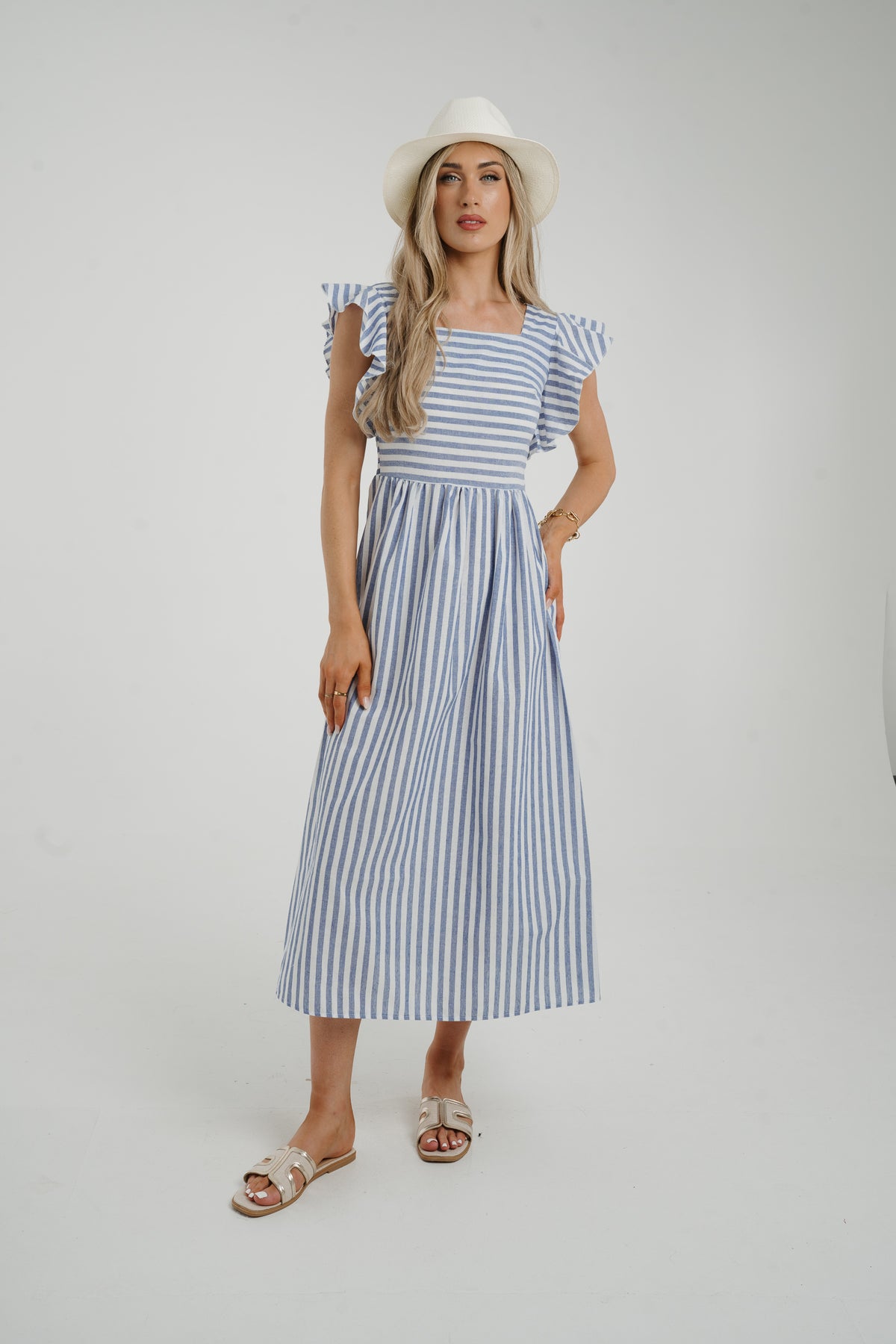 Caitlyn Frill Shoulder Stripe Dress In Blue