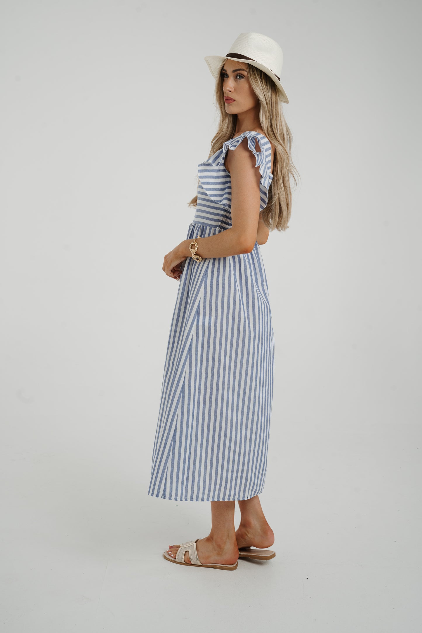 Caitlyn Frill Shoulder Stripe Dress In Blue