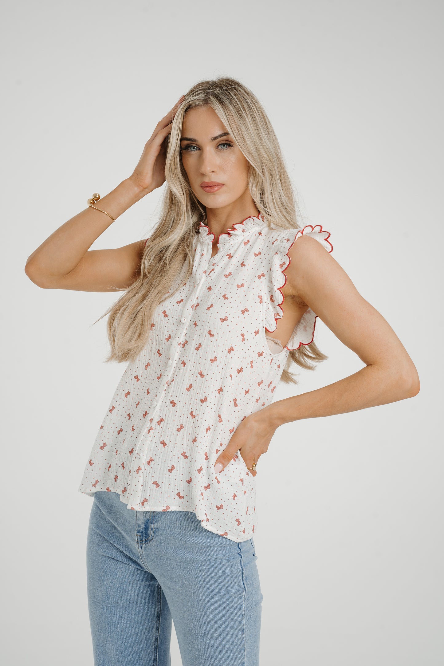 Kendra Bow Print Blouse In Red Mix