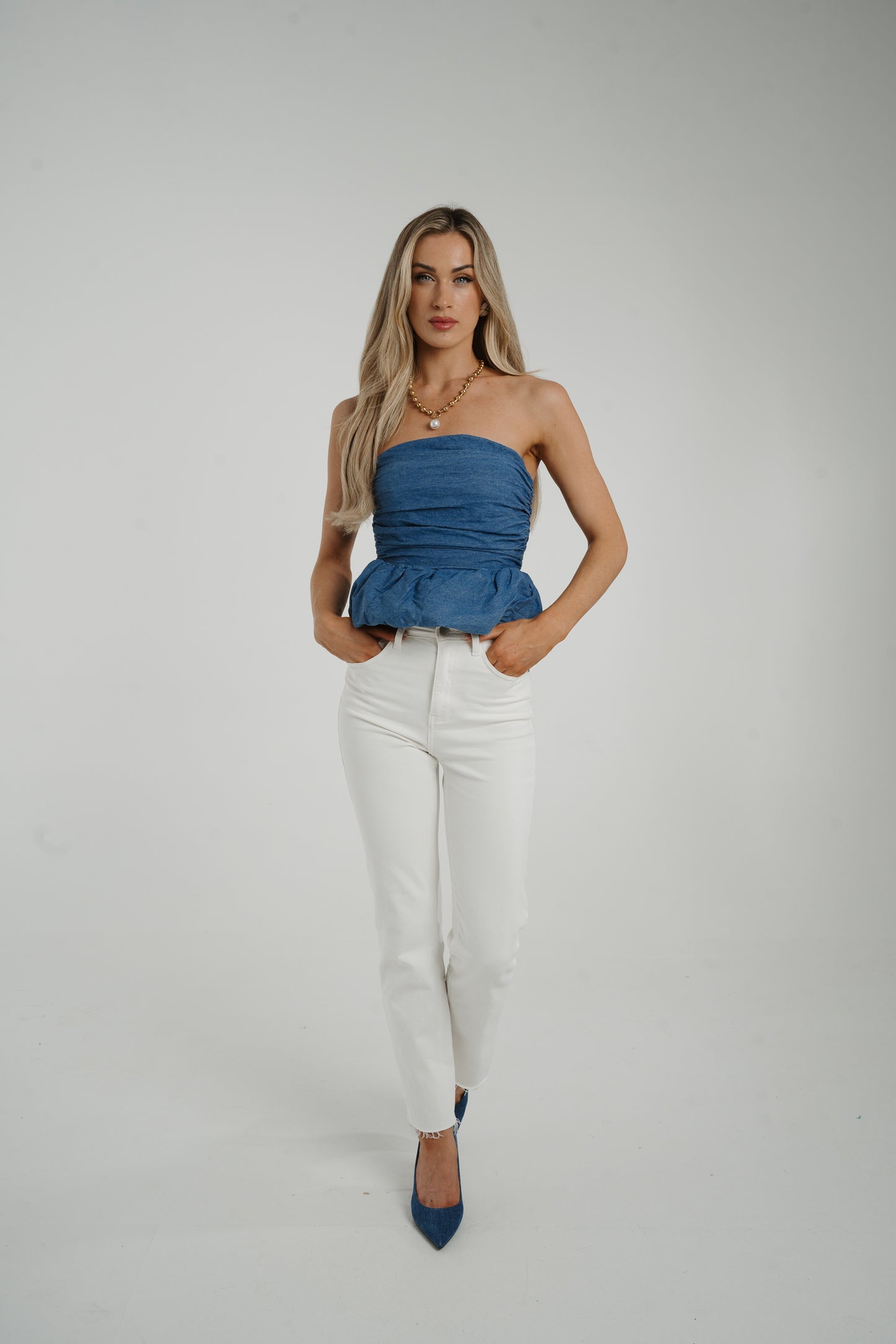 Holly Strapless Peplum Top In Blue