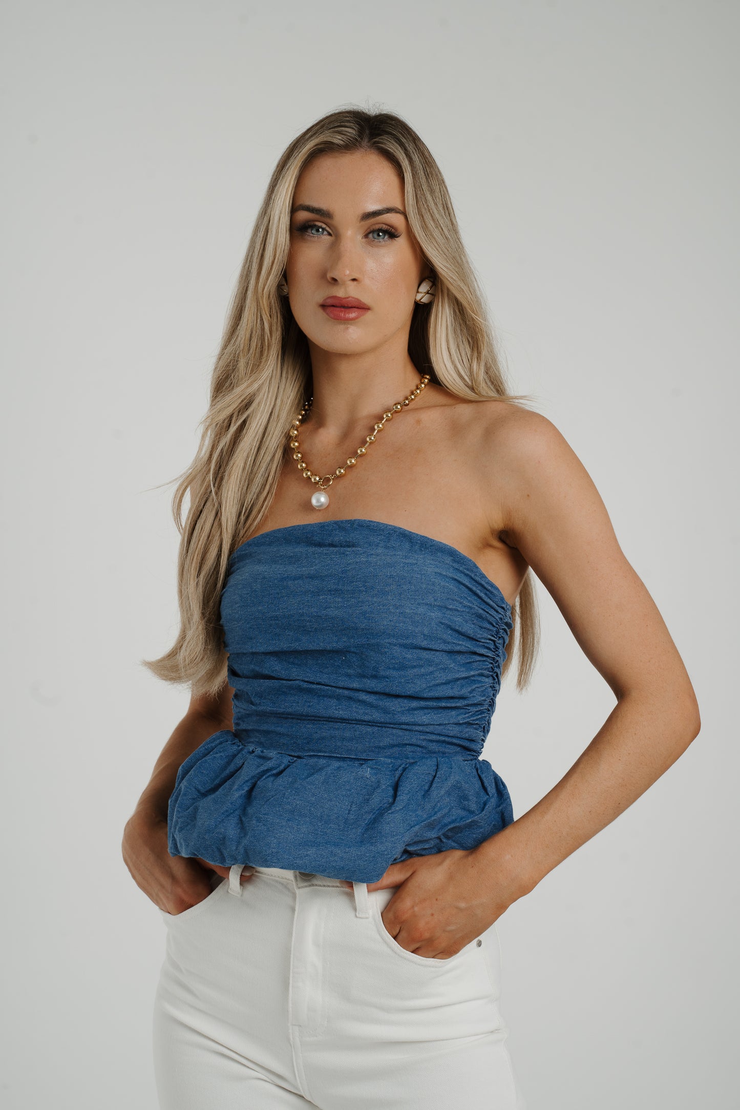 Holly Strapless Peplum Top In Blue