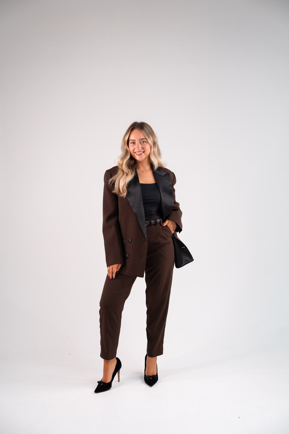 Love Laura Tuxedo Power Blazer In Chocolate