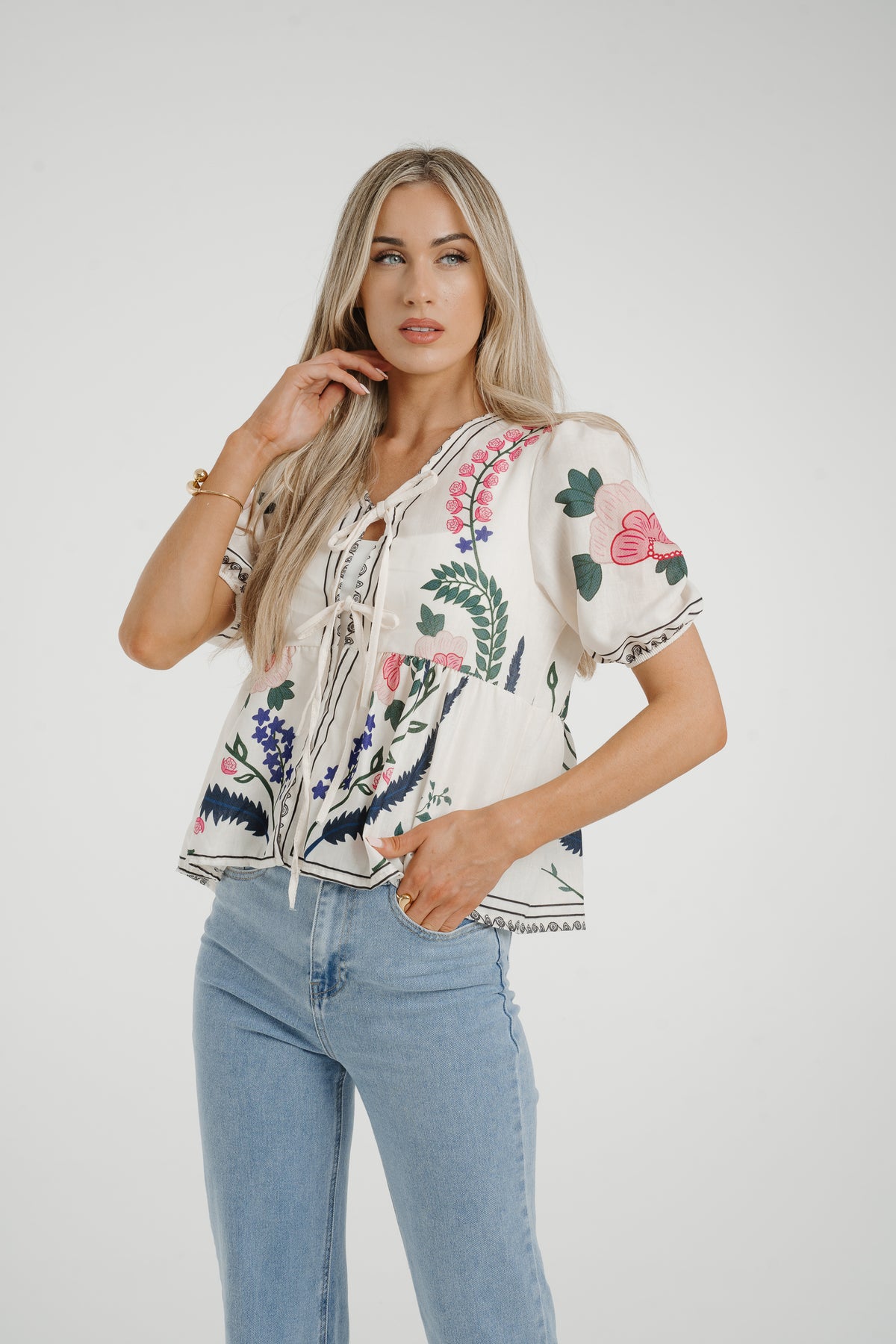 Leona Tie Front Floral Blouse In Pink Mix