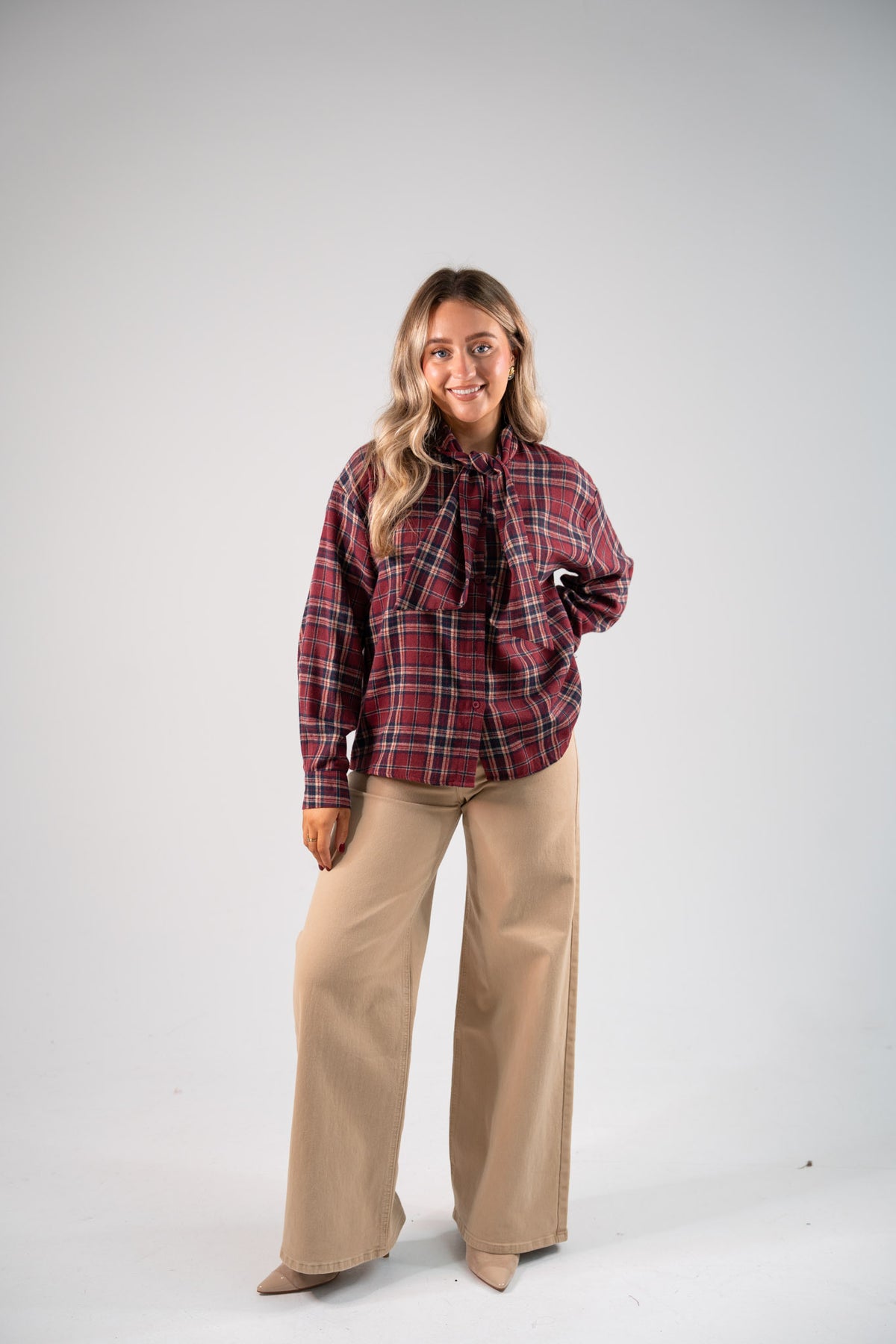 Megan Tie Neck Shirt In Red Check