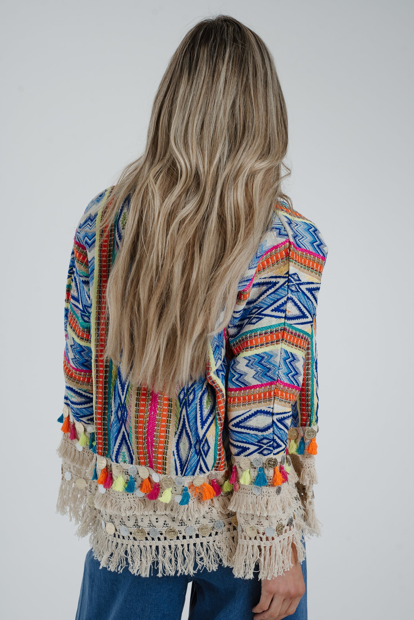 Polly Fringed Cardigan In Blue Mix