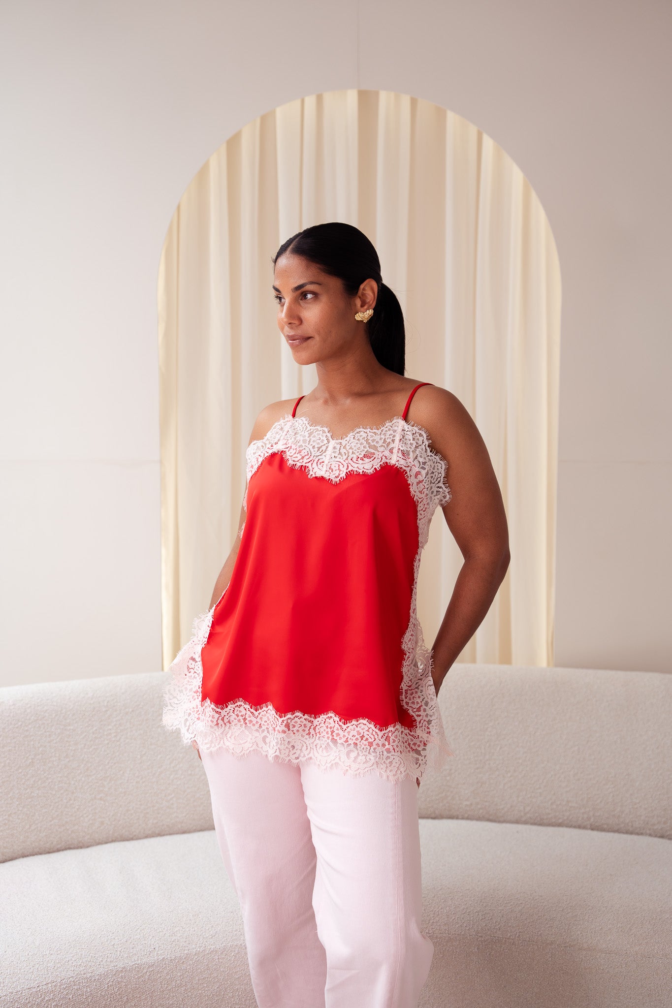 Love Laura Contrast Lace Trim Cami In Red