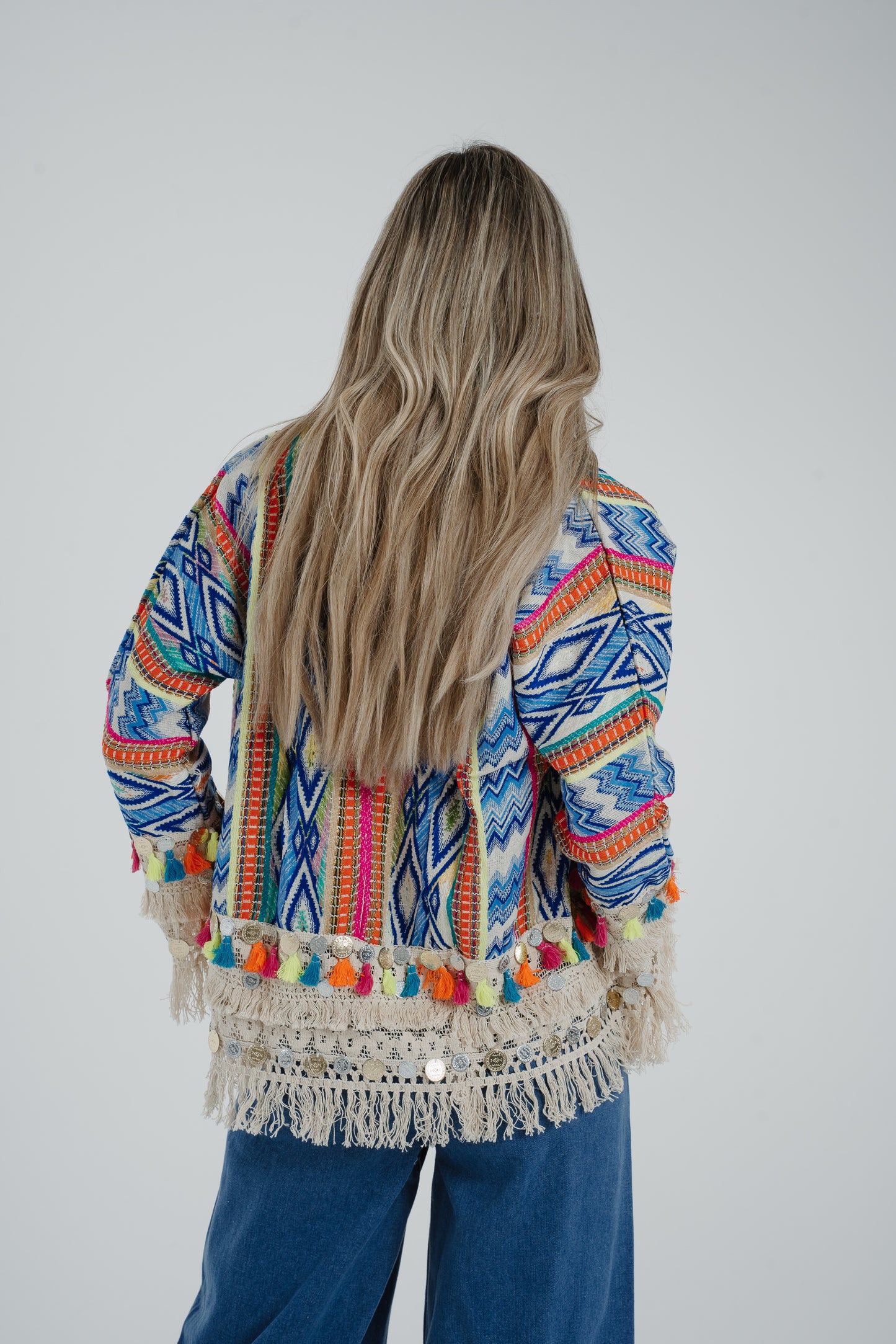 Polly Fringed Cardigan In Blue Mix