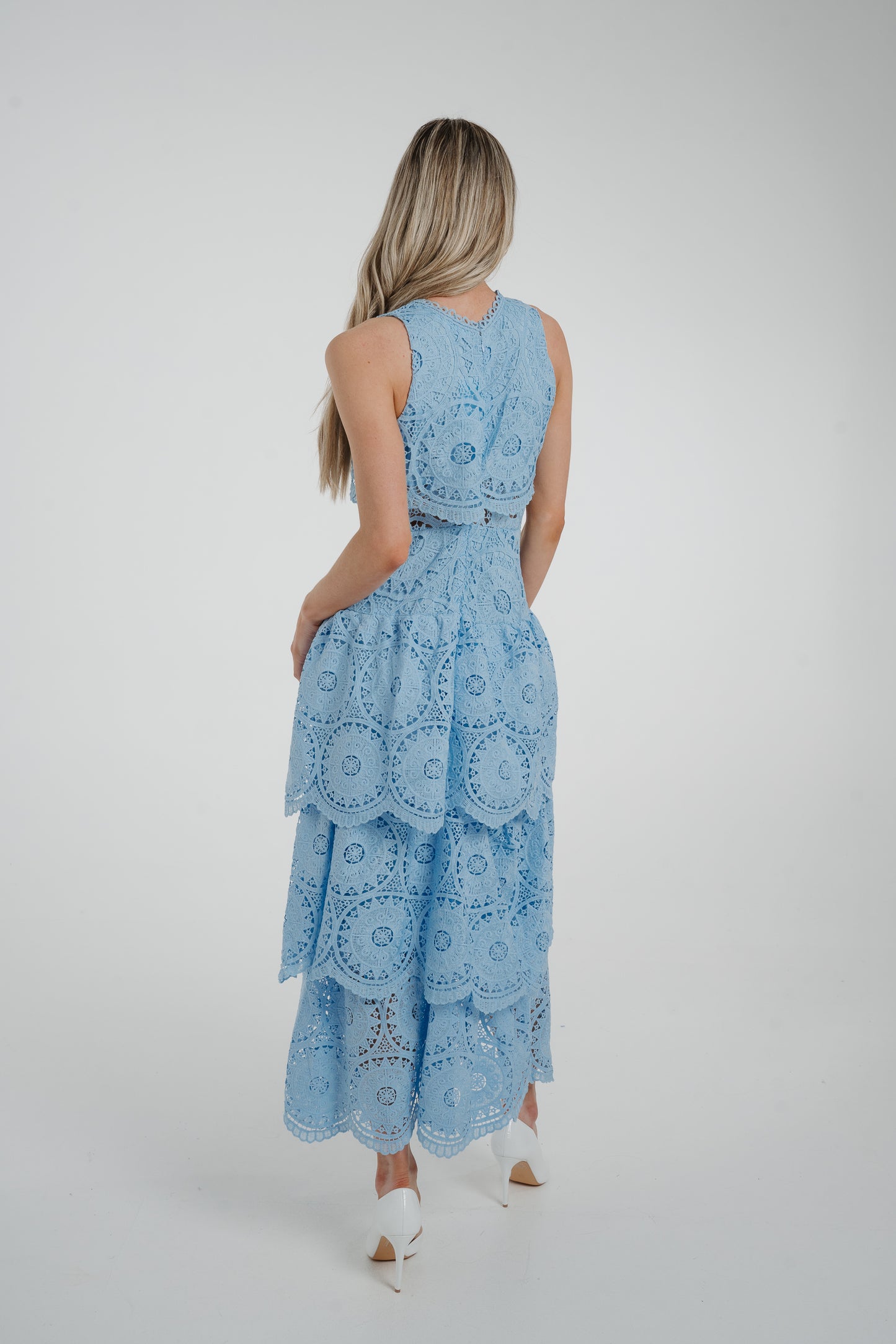 Flynn Tiered Lace Dress In Blue