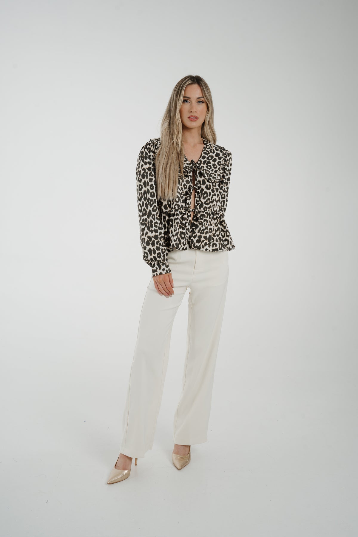 Leona Tie Front Blouse With Collar In Leopard Print