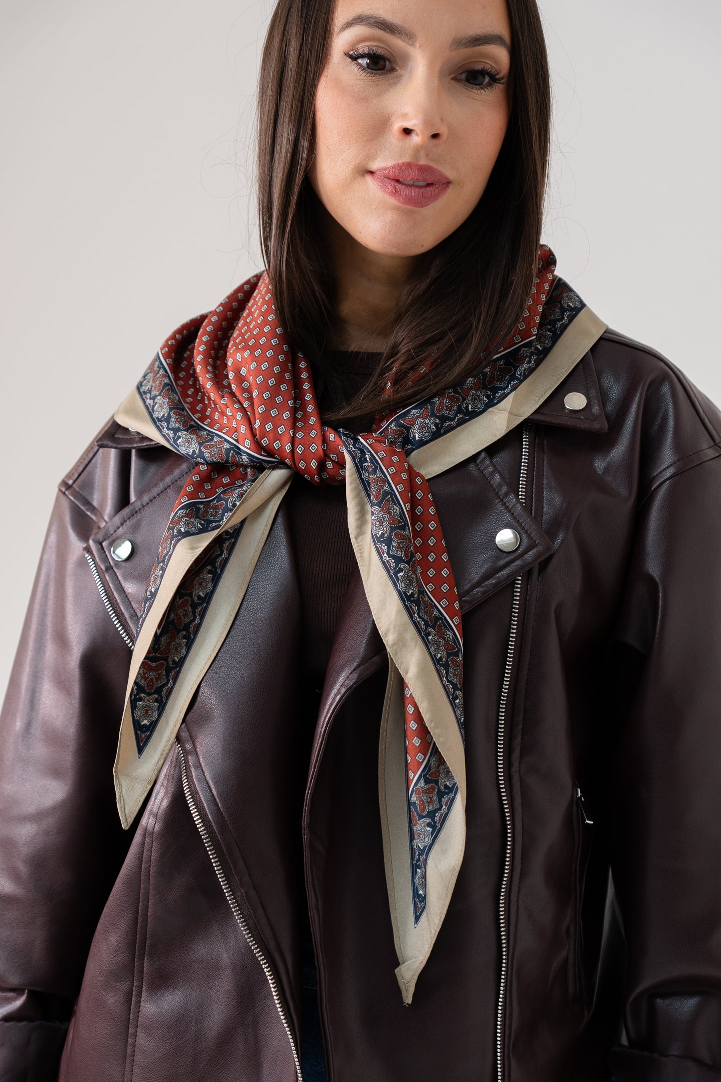 Orla Square Print Neck Scarf In Bordeaux Mix