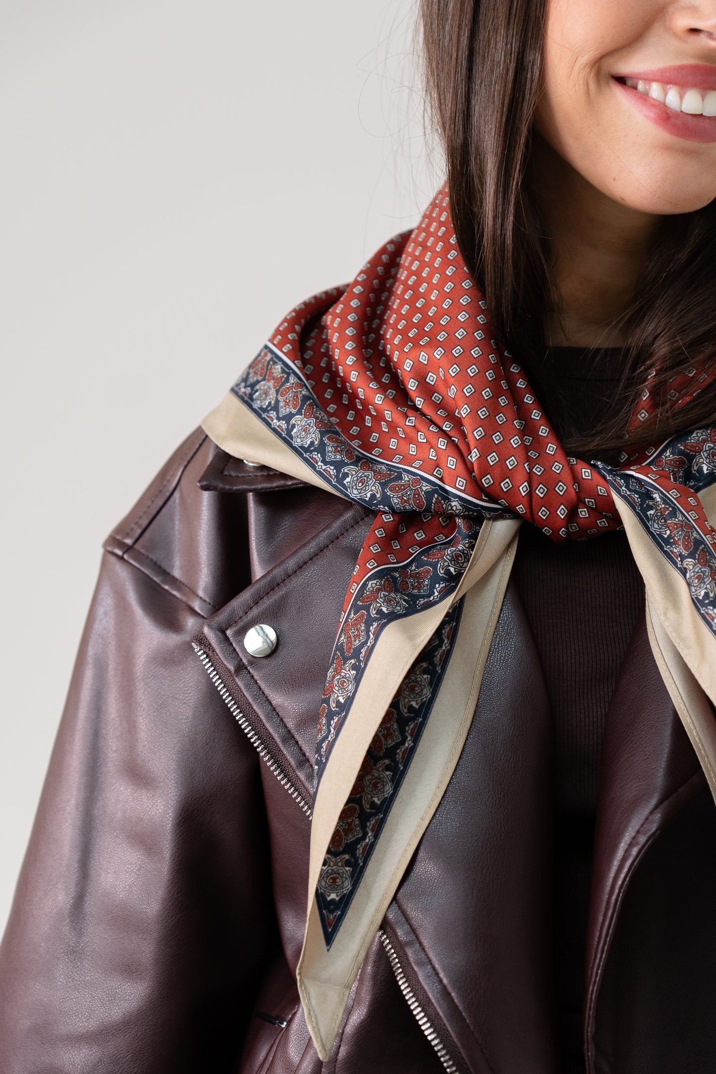 Orla Square Print Neck Scarf In Bordeaux Mix
