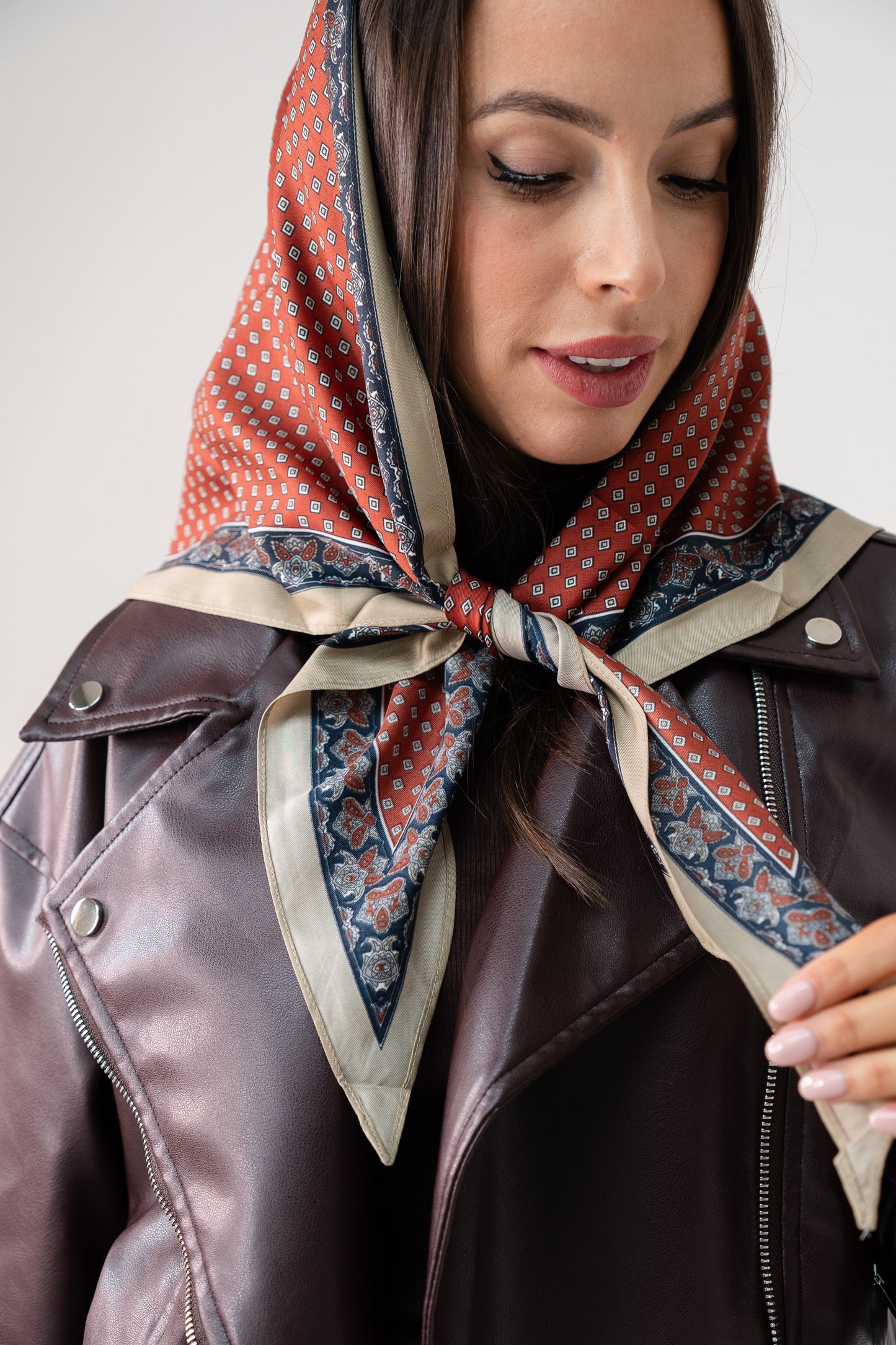 Orla Square Print Neck Scarf In Bordeaux Mix