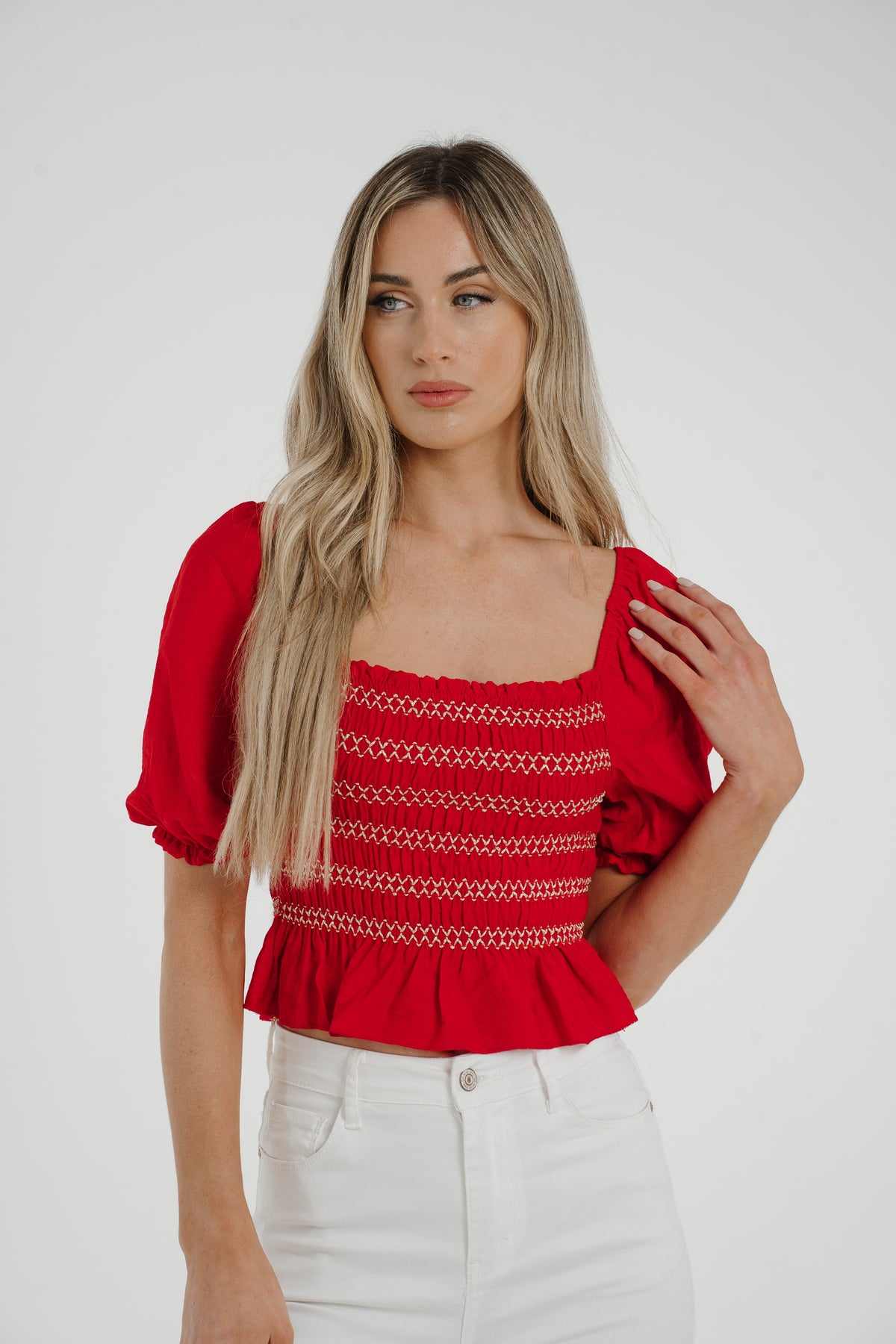 Caitlyn Embroidered Off Shoulder Top In Red