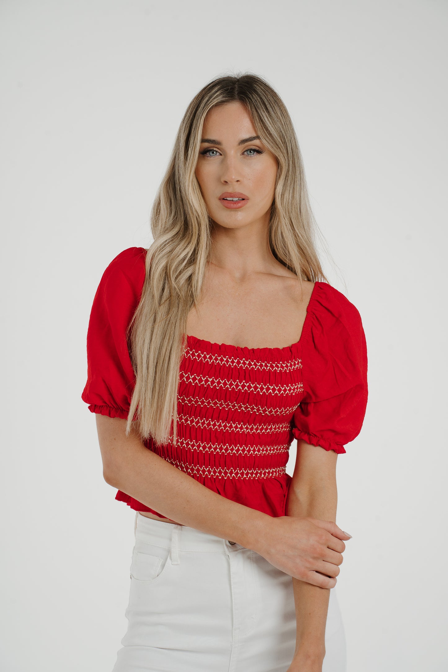 Caitlyn Embroidered Off Shoulder Top In Red
