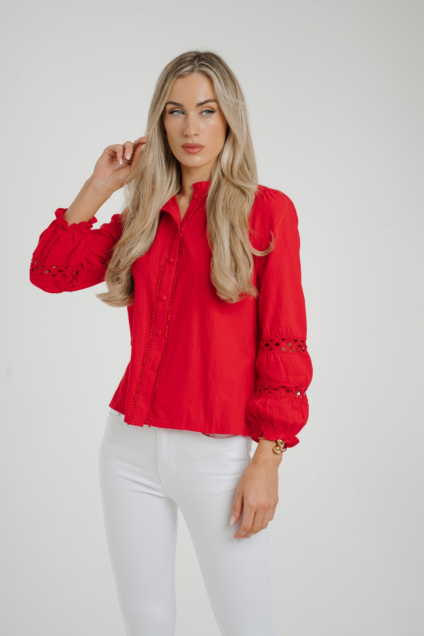 Ally Crochet Sleeve Blouse In Red