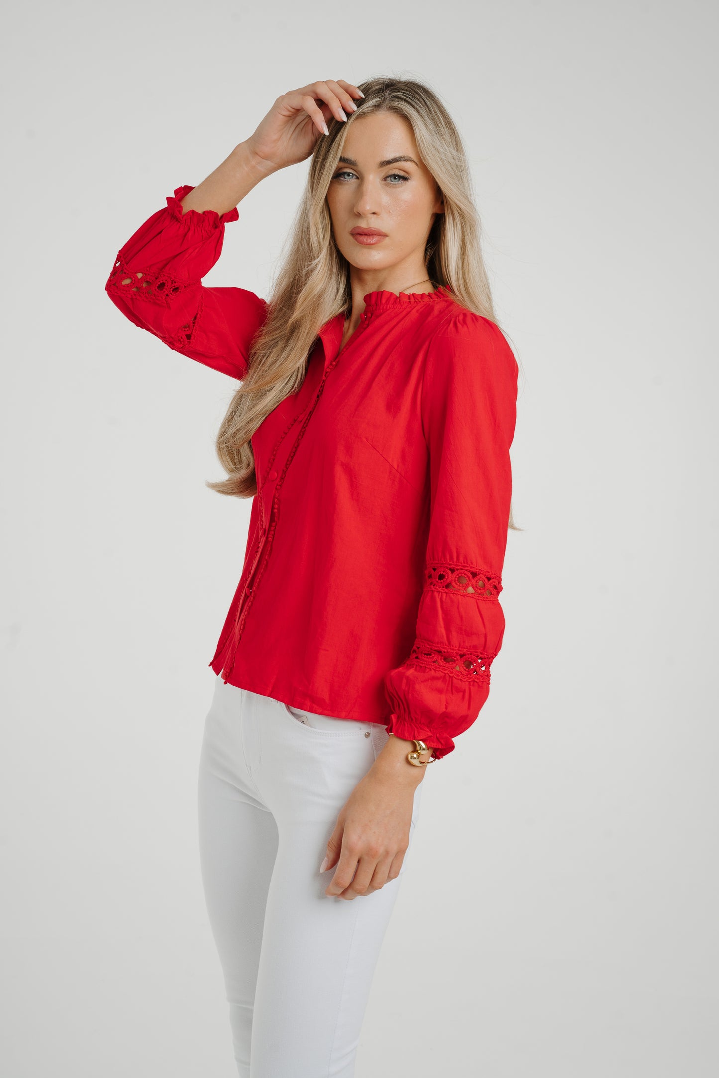 Ally Crochet Sleeve Blouse In Red